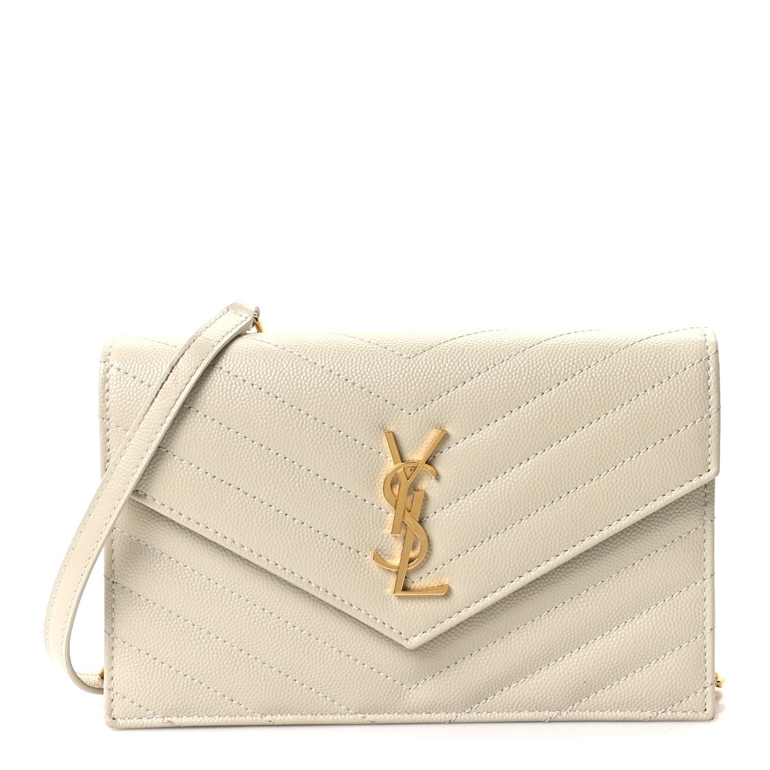 Saint Laurent Grain De Poudre Matelasse Chevron Monogram Envelope Chain Wallet Crema Soft