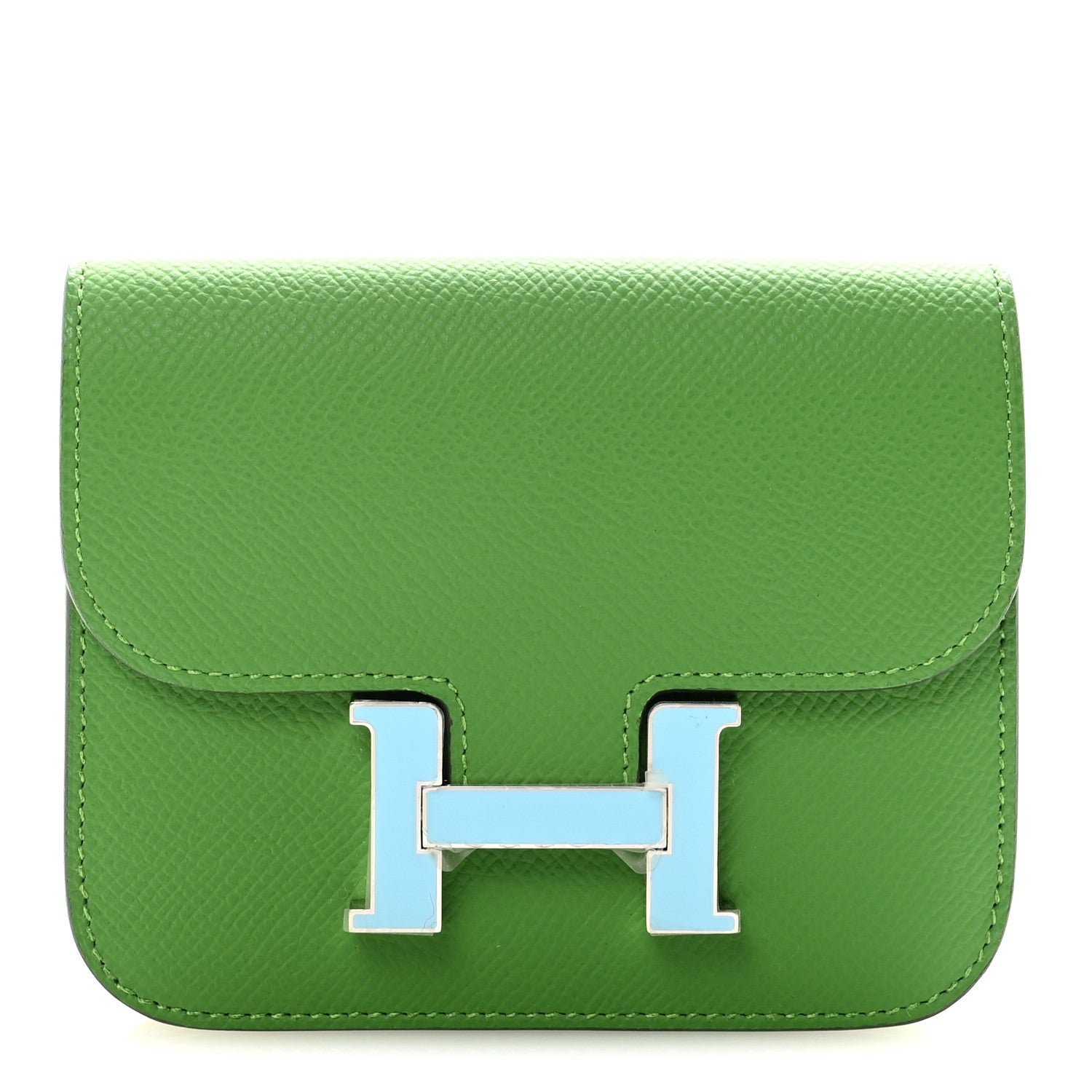 Hermes Epsom Enamel Constance Slim Wallet Vert Yucca Celeste