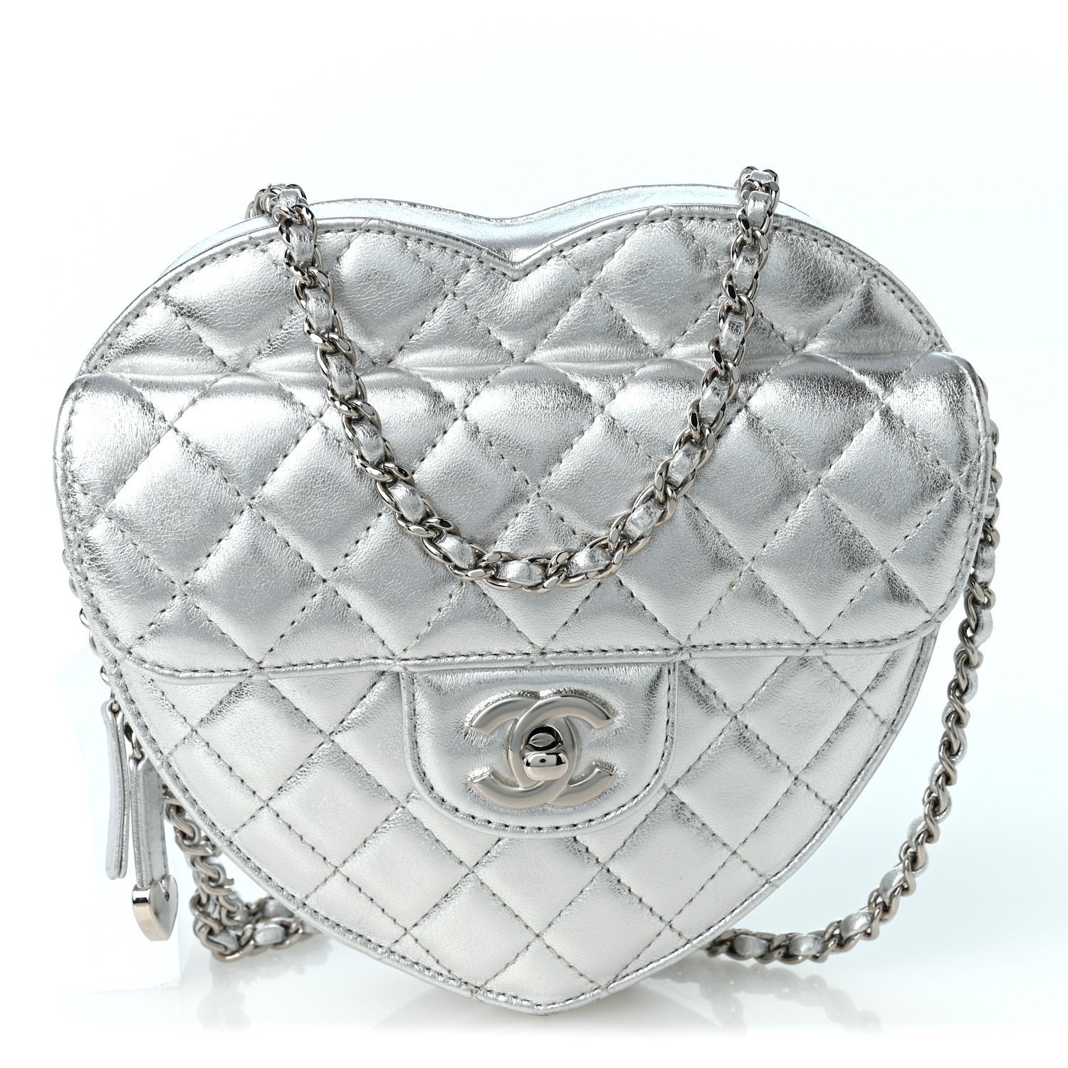 Chanel Metallic Lambskin Quilted Large CC In Love Heart Bag Silver