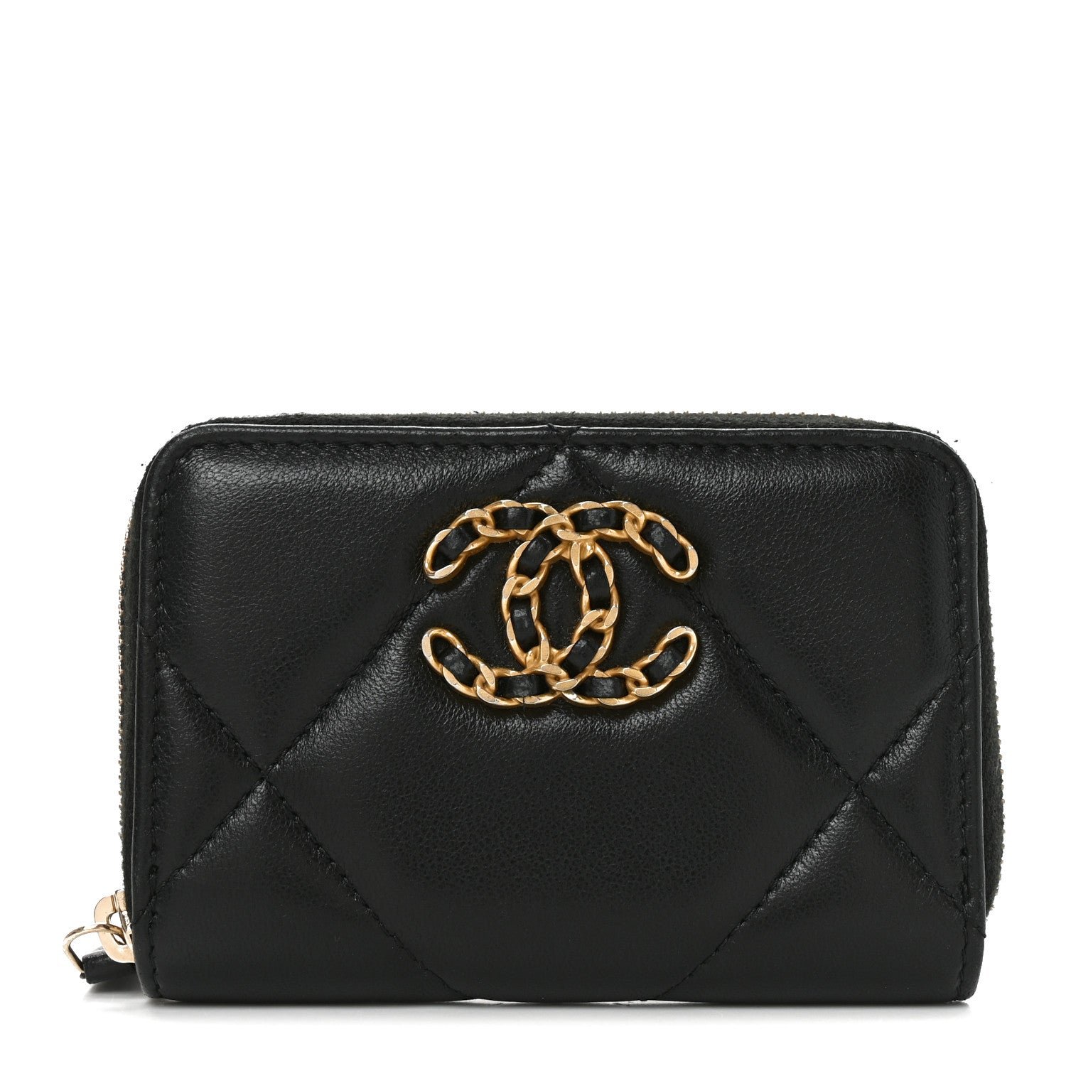Chanel Lambskin Quilted Chanel 19 Zip Around Coin Purse Wallet Black