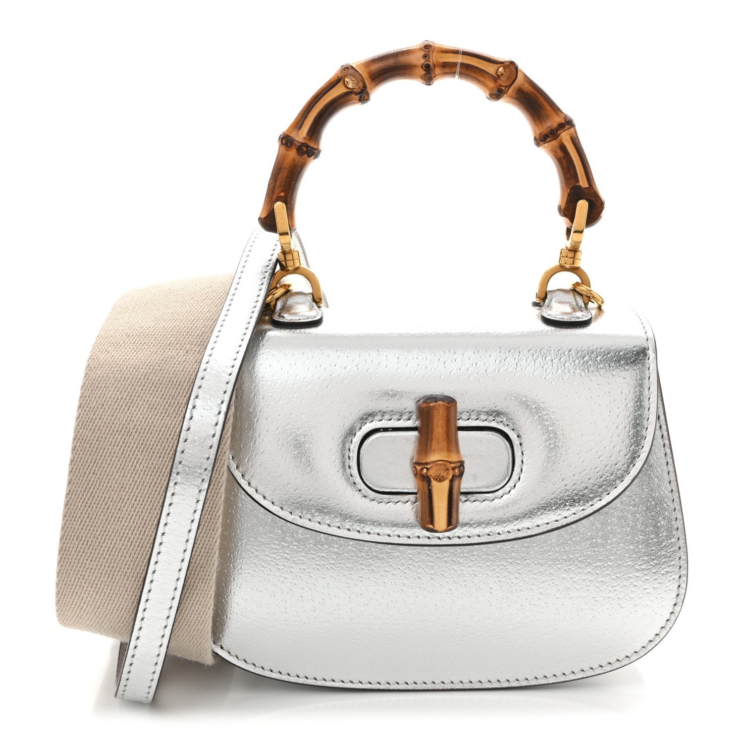 Gucci Boarded Dyana Lux Calfskin Mini Bamboo 1947 Top Handle Bag Silver