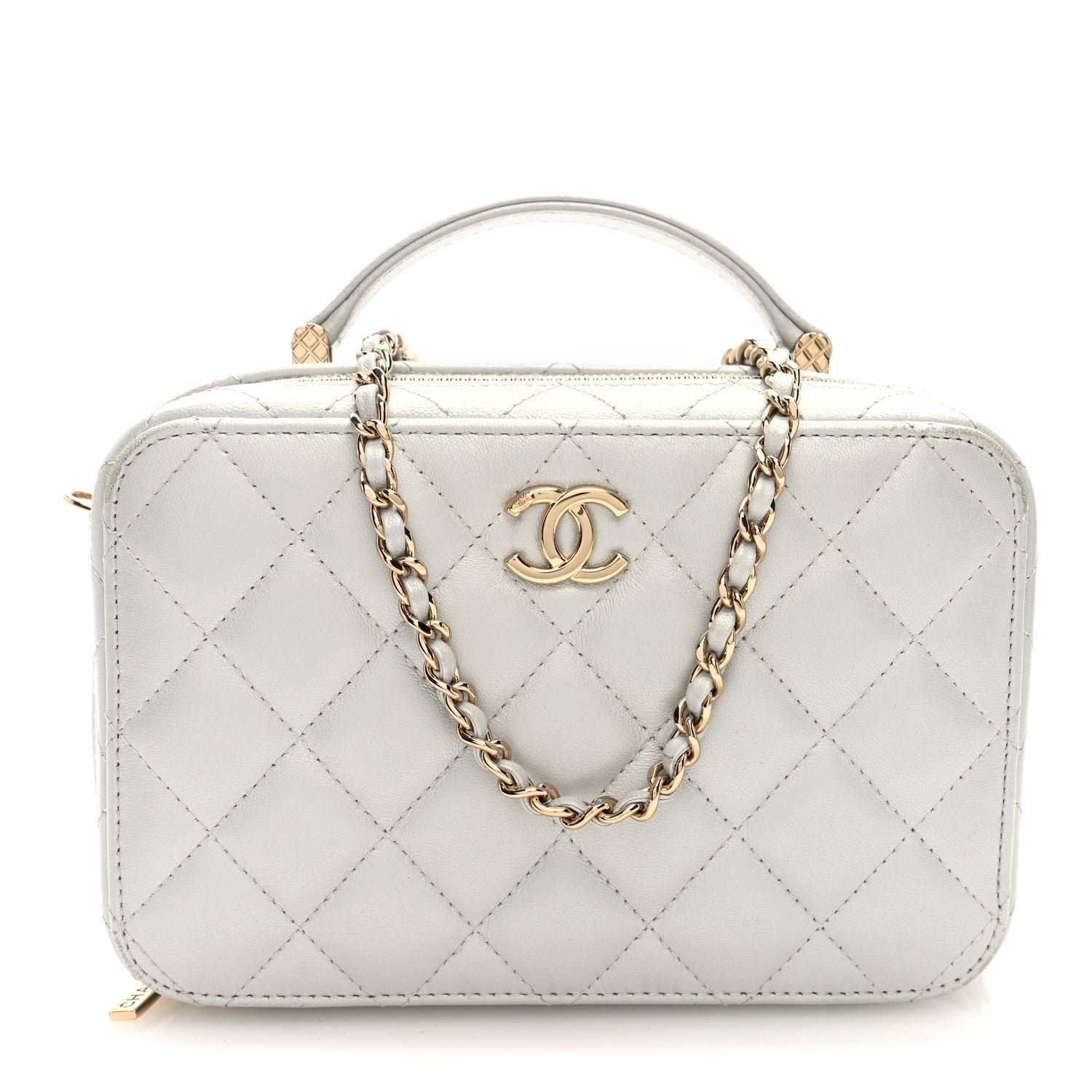 Chanel Metallic Lambskin Quilted Top Handle Vanity Case Silver
