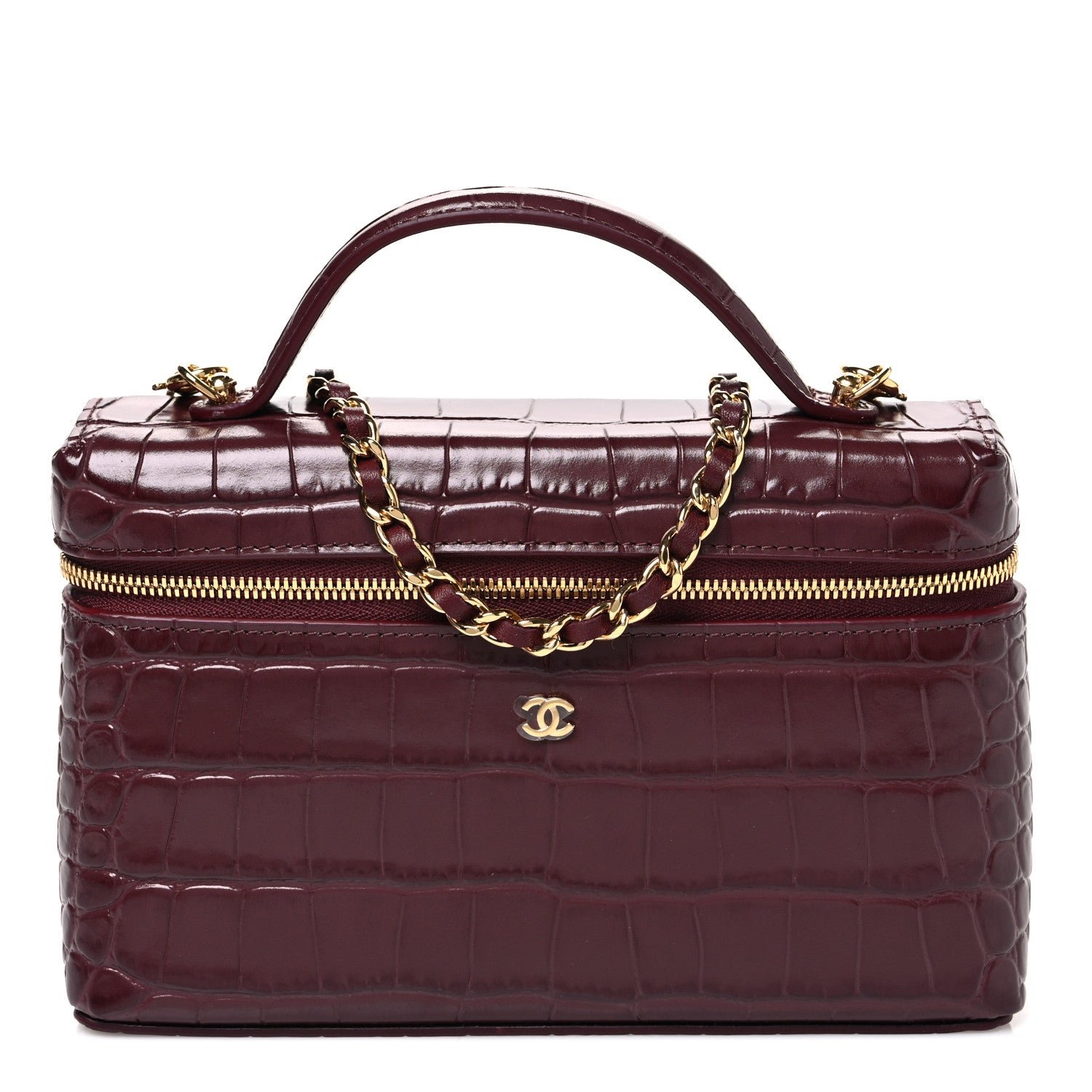Chanel Calfskin Crocodile Embossed Crococo Exoticoco Vanity With Chain Dark Burgundy
