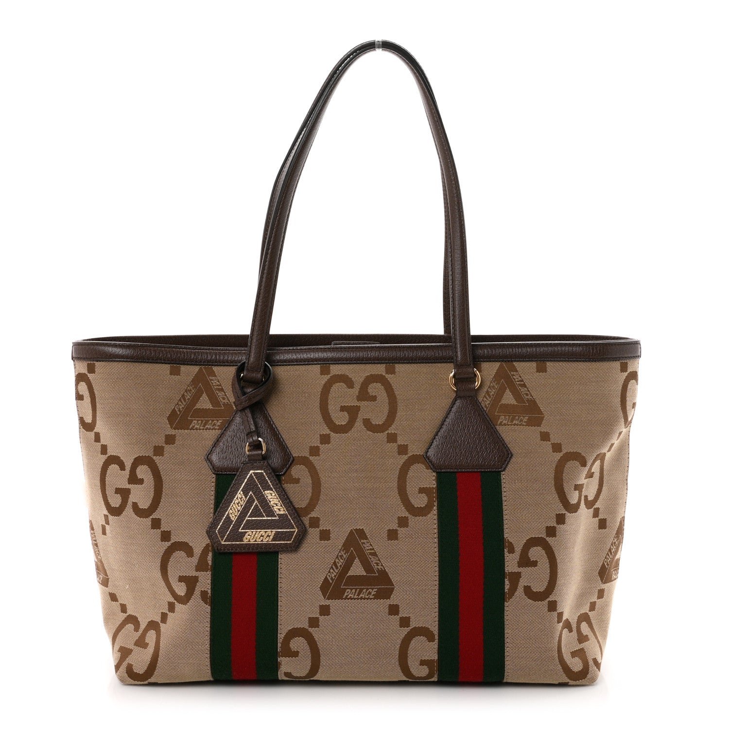 Gucci X PALACE Monogram Jumbo GG Textured Dollar Calfskin Web Medium Ophidia Shopping Tote Camel Ebony