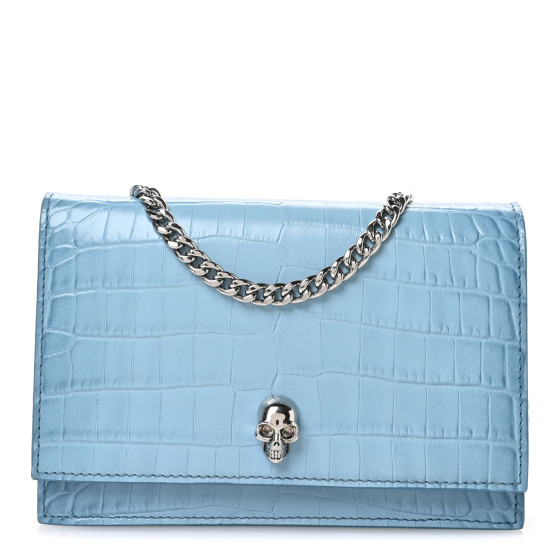 Alexander McQueen Calfskin Crocodile Embossed Skull Mini Crossbody Bag Blue