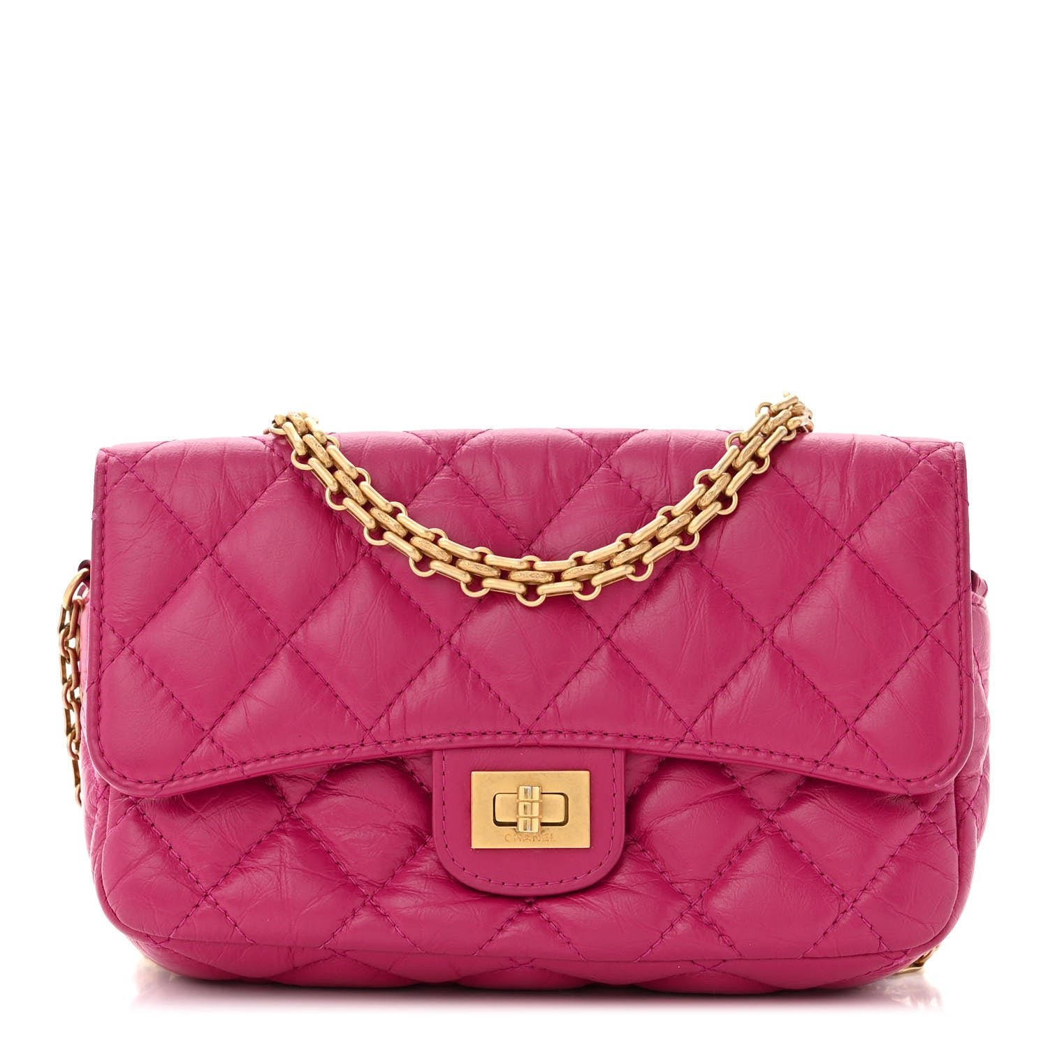 Chanel Aged Calfskin Quilted 2.55 Reissue Phone Holder With Chain Fuchsia