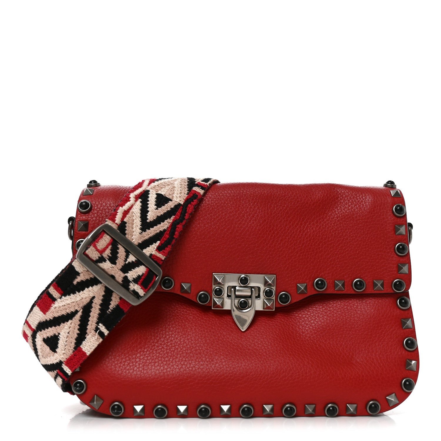 Valentino Garavani Grained Calfskin Onyx Medium Guitar Strap Rockstud Rolling Flap Saddle Bag Rosso Valentino