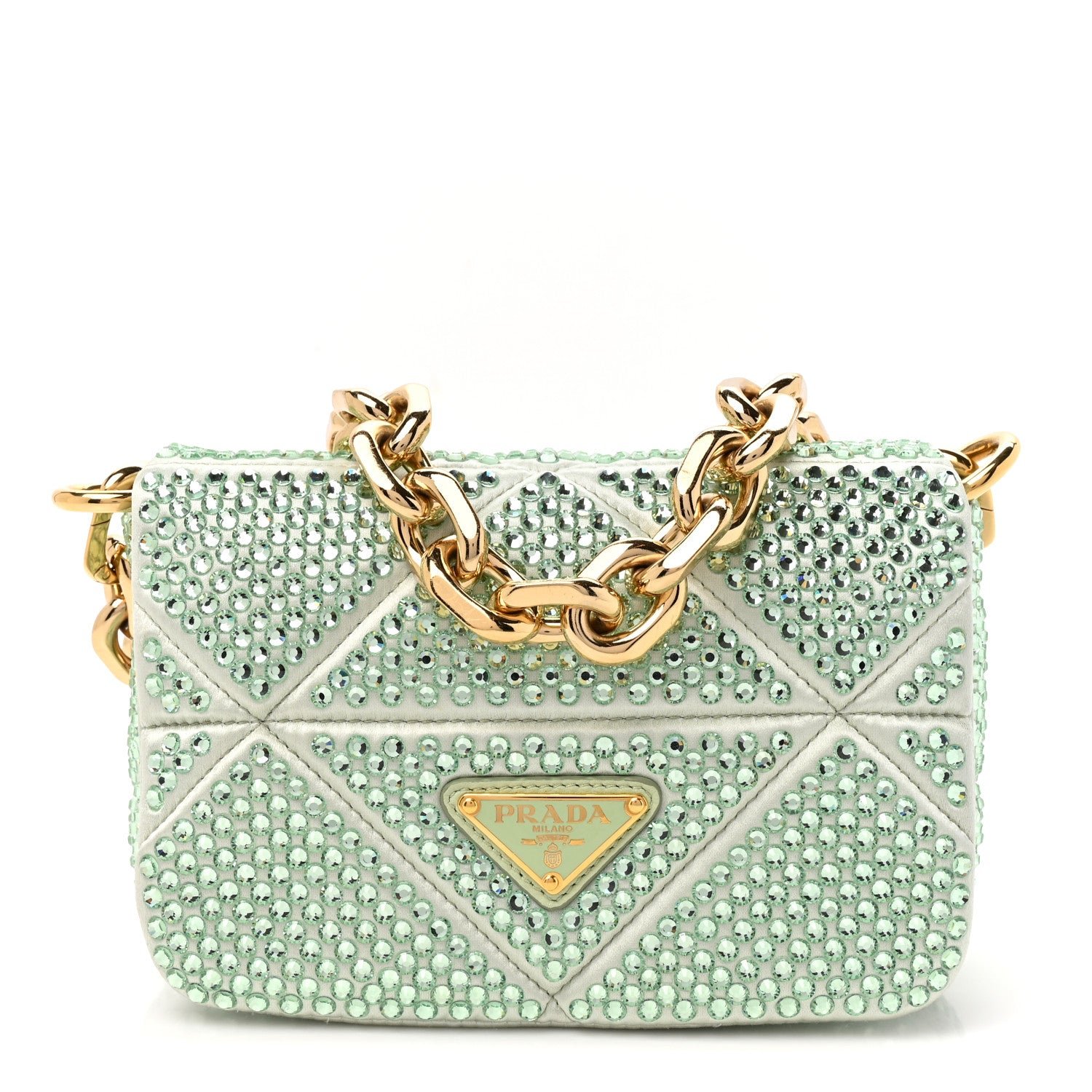Prada Satin Crystal Mini Bag With Chain Acqua