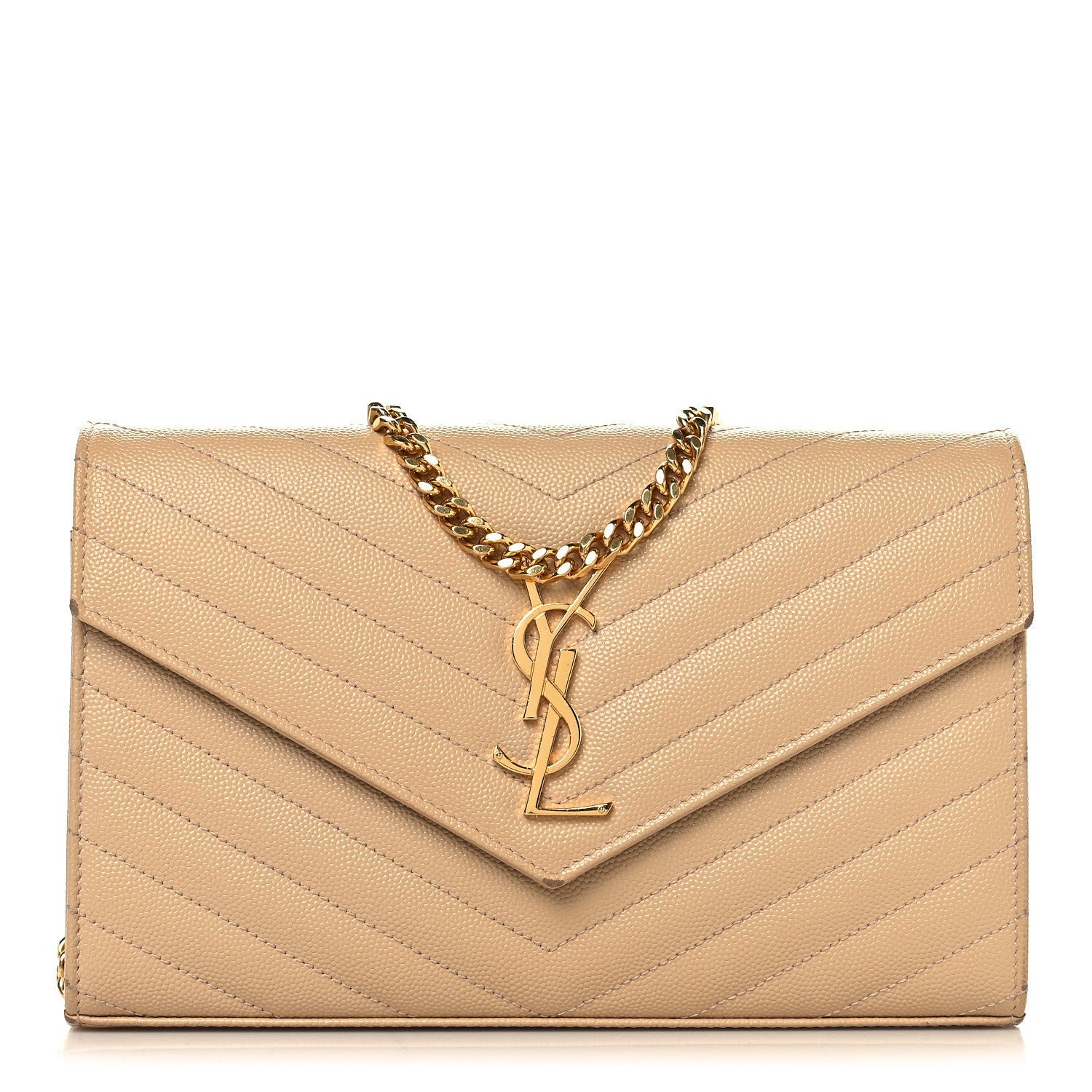 Saint Laurent Grain De Poudre Matelasse Chevron Monogram Chain Wallet Nude Powder