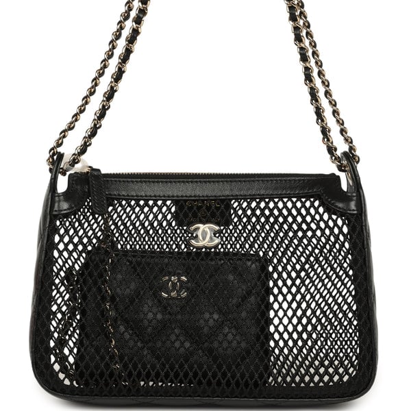 Chanel Clutch with Chain Black Mesh, Shiny Lambskin Gold Hardware