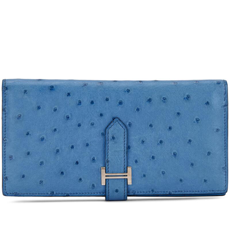 Hermes Bleu Mykonos Ostrich Bearn Wallet Palladium Hardware, 2019