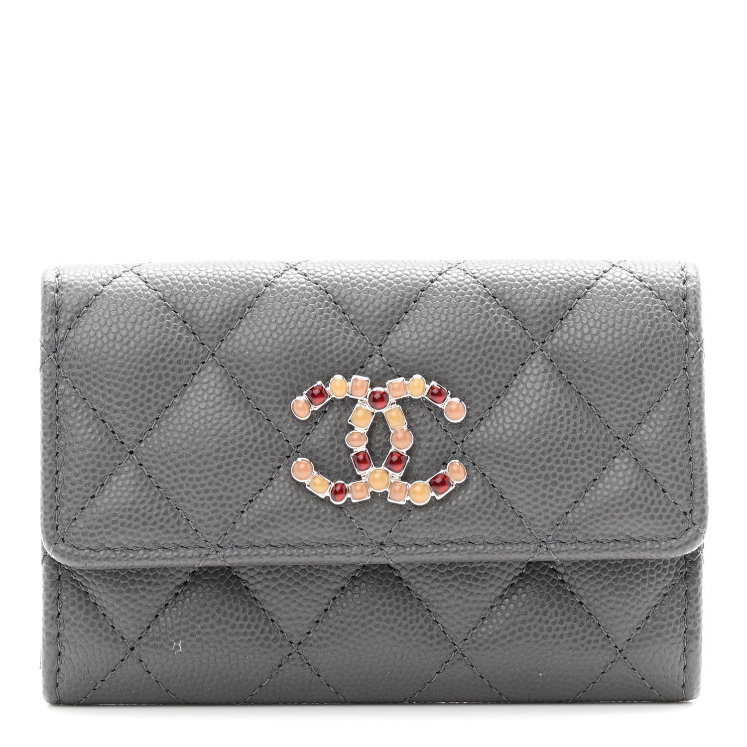 Chanel Shiny Caviar Enamel Quilted CC Flap Card Holder Grey