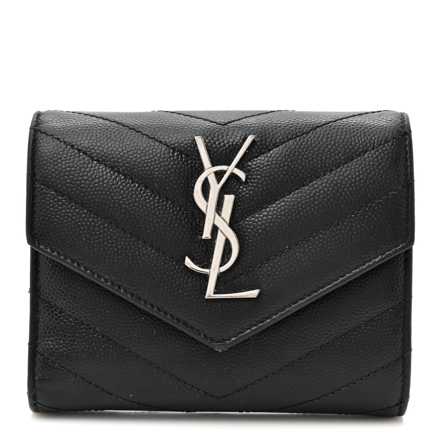 Saint Laurent Grain De Poudre Matelasse Chevron Monogram Compact Tri Fold Wallet Black