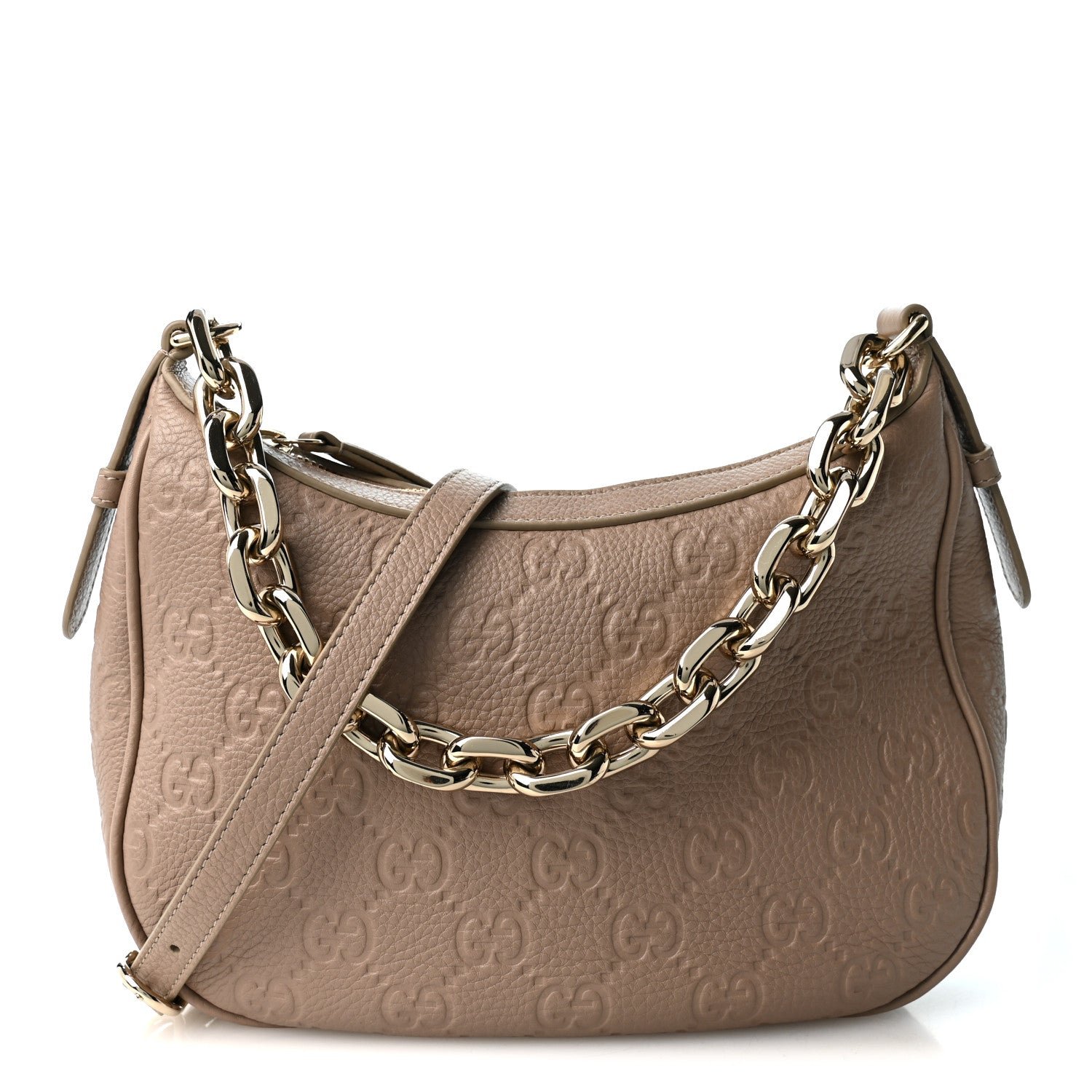 Gucci GG Grainy Calfskin Emblem Medium Half Moon Shoulder Bag Taupe