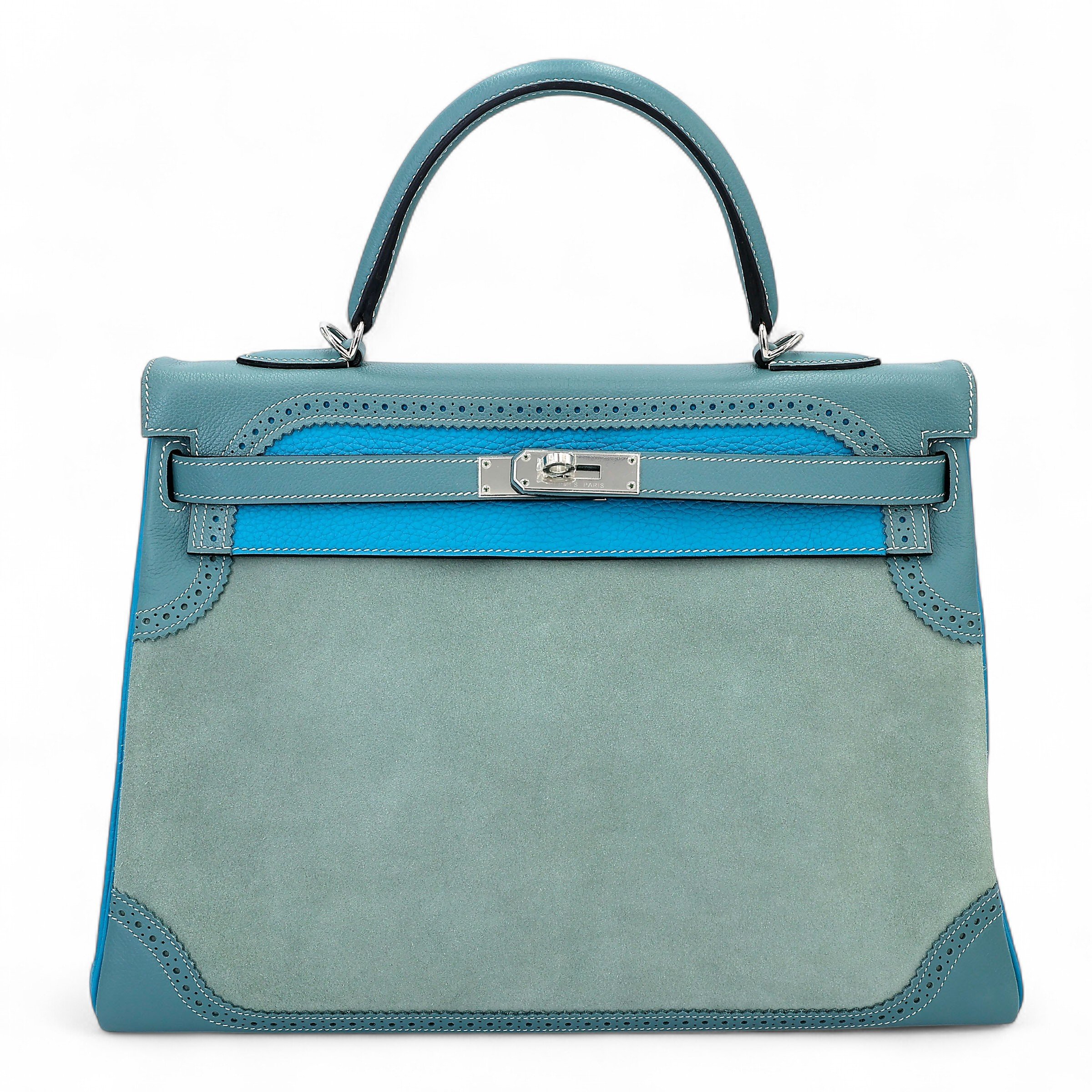 Hermes Unused ( Rank NS ) HERMÈS Limited Edition Kelly Ghillies 35 Ciel (7G) Turquoise (7B) Doblis Suede Clemence Evercolor Palladium hardware T (2015)