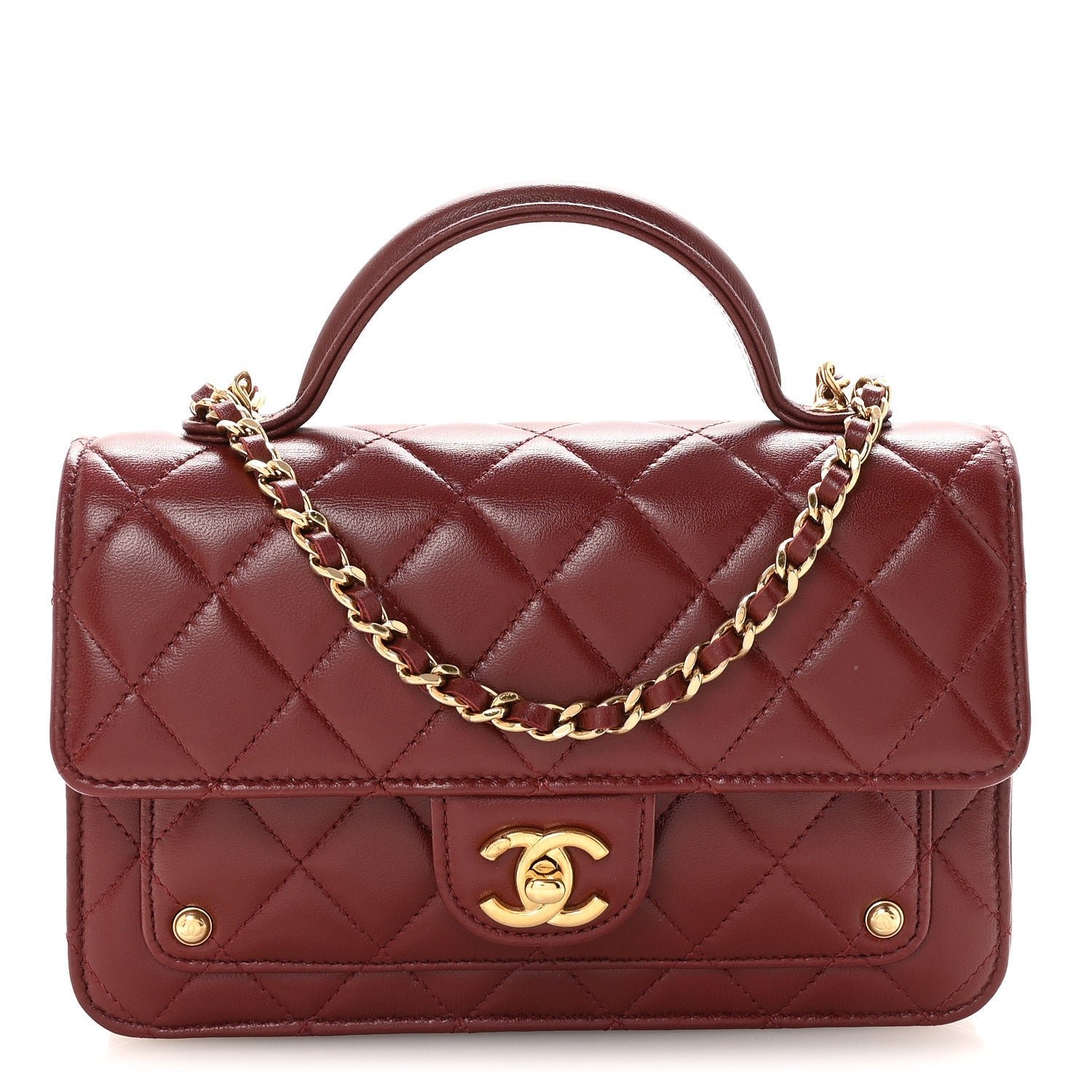 Chanel Lambskin Quilted Top Handle Clutch With Chain Burgundy