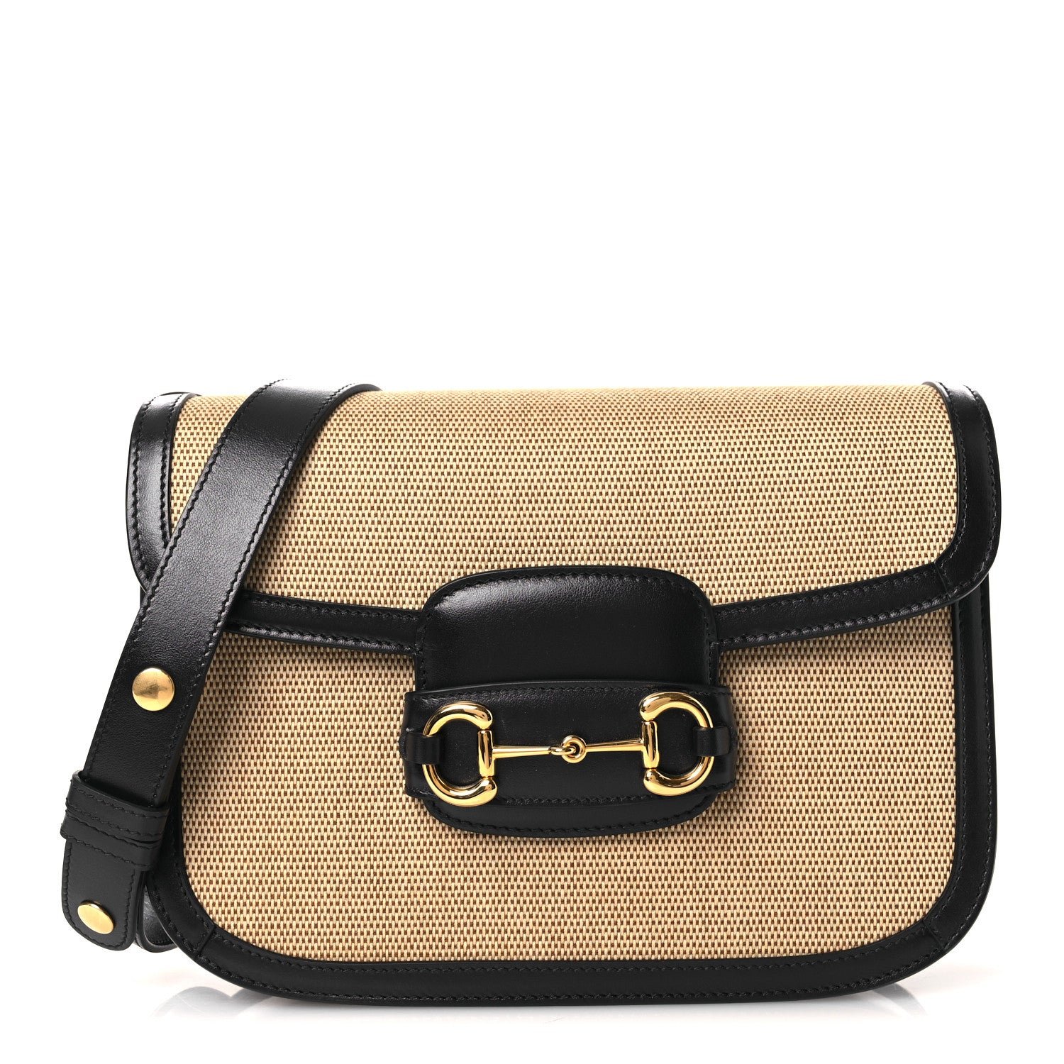Gucci Vintage Rice Canvas Plutone Calfskin Horsebit 1955 Shoulder Bag Beige Blue
