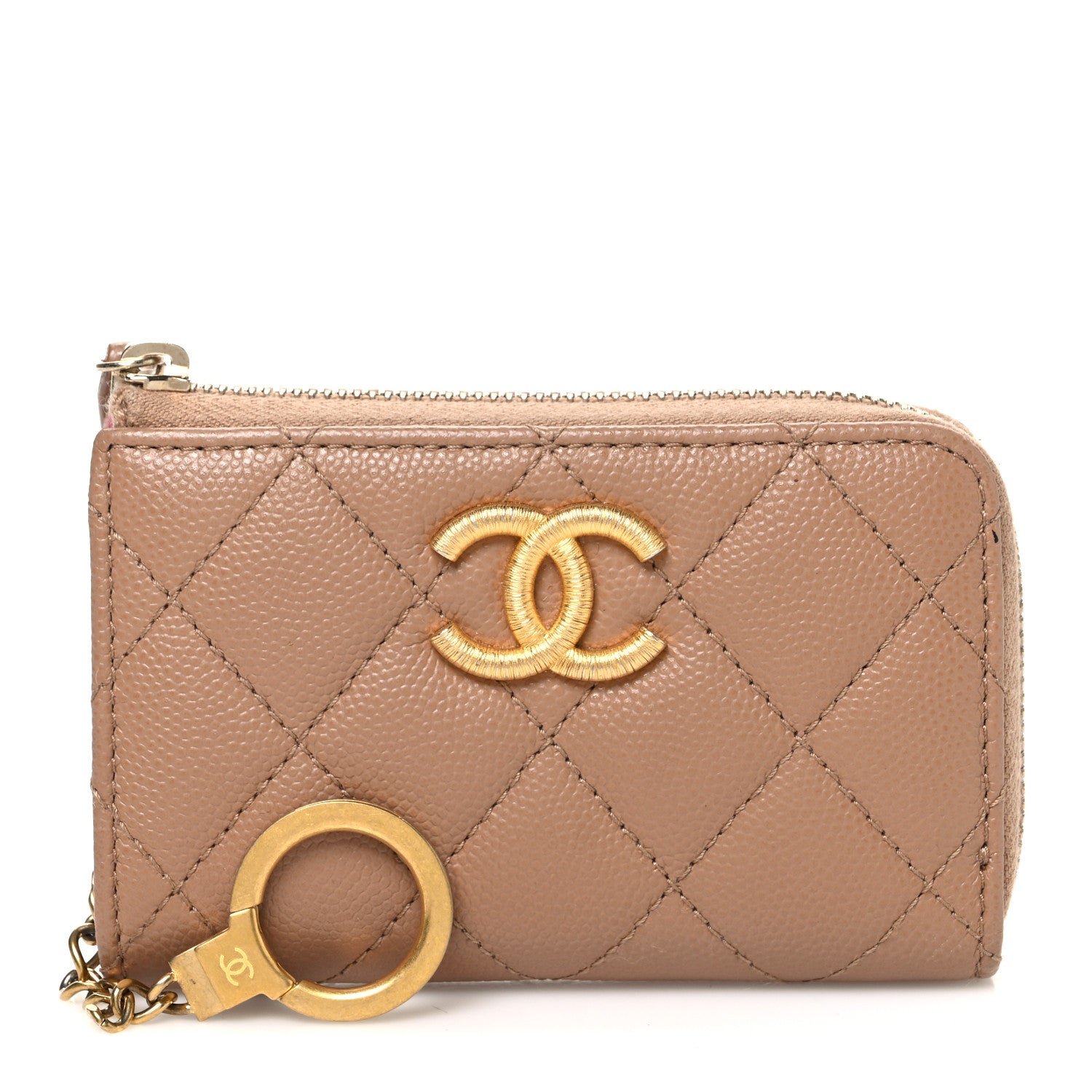 Chanel Caviar Quilted Zipped Key Holder Case Dark Beige