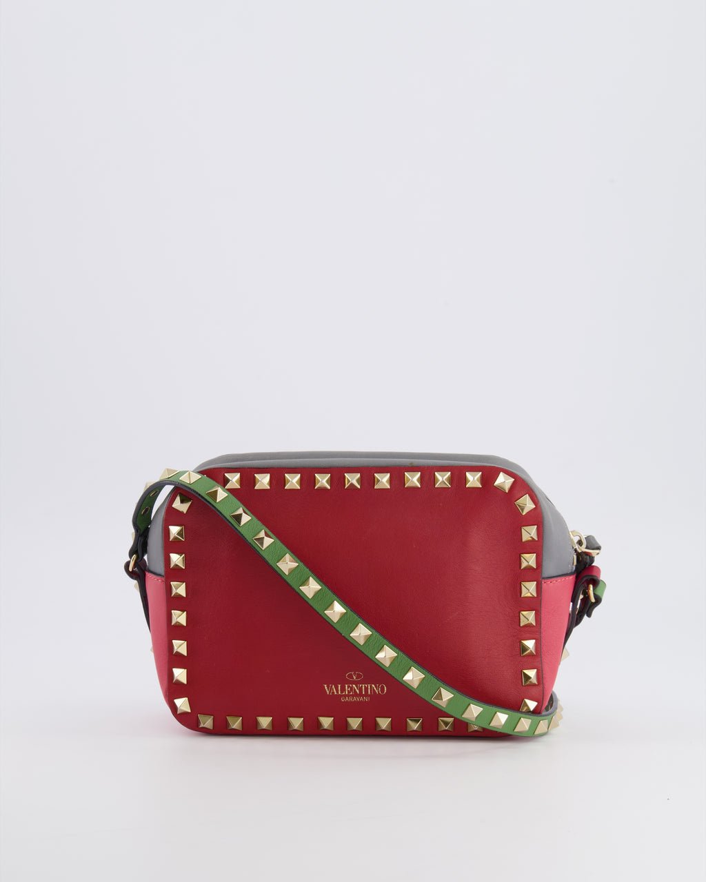 Valentino Valentino Red and Grey Leather Rockstud Crossbody Camera Bag with Gold Hardware