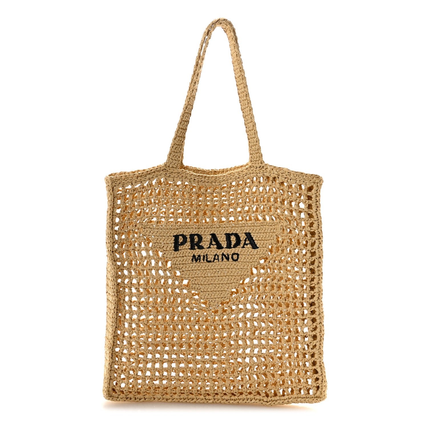 Prada Yarn Raffia Effect Crochet Logo Embroidered Tote Bag Naturale