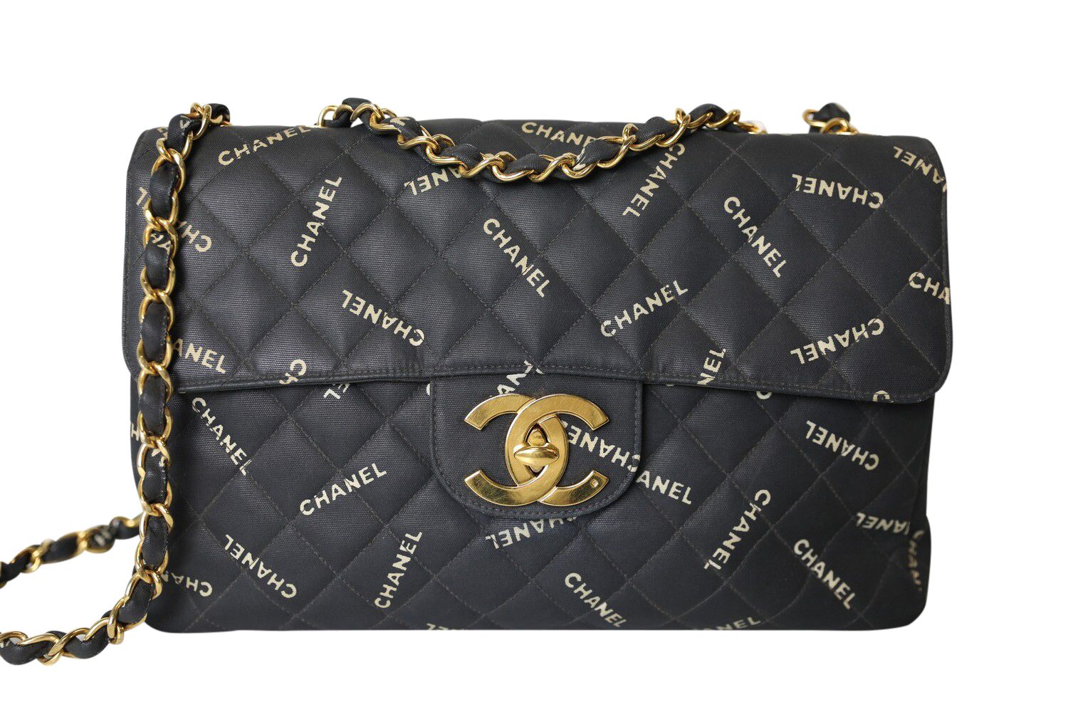 Chanel Vintage Flap, Black Fabric with White Lettering, Preowned No Dustbag WA001