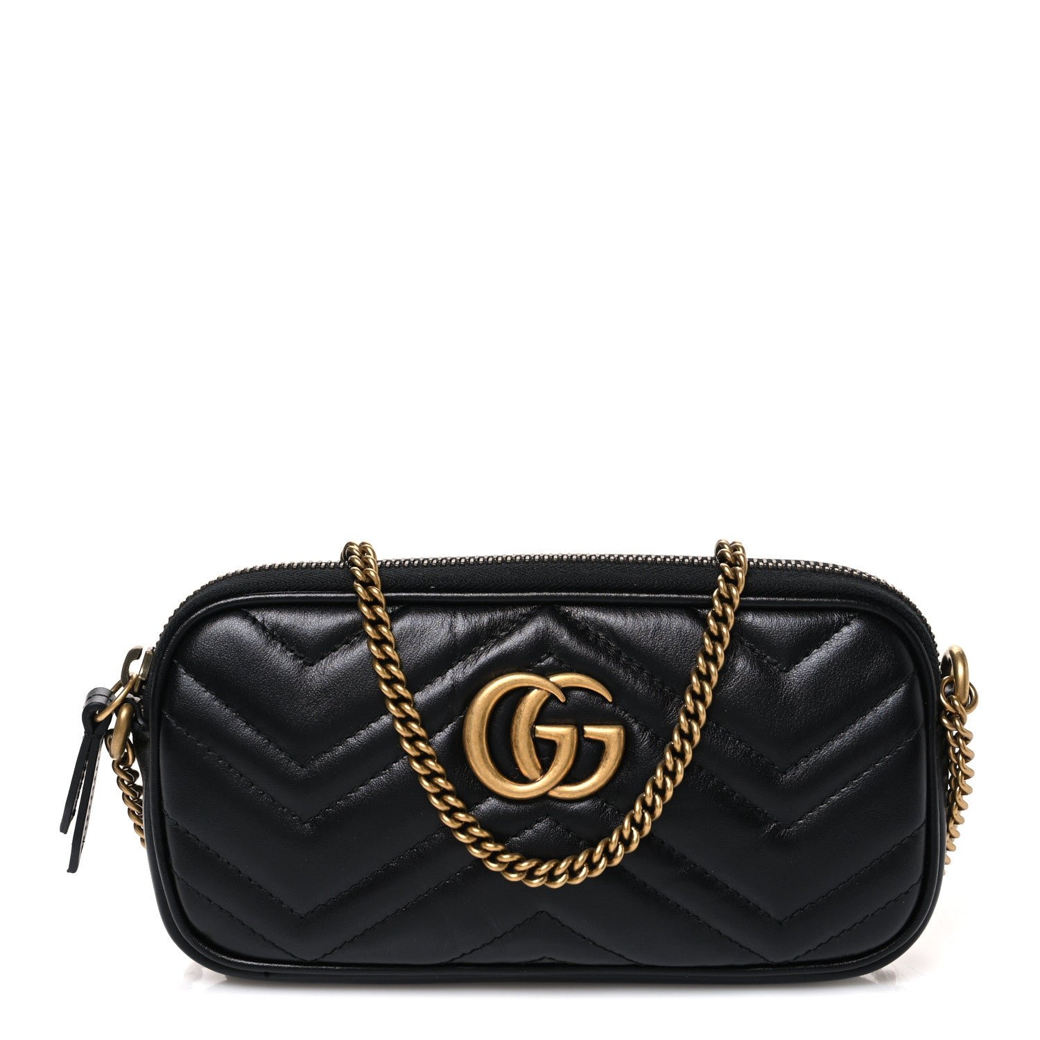 Gucci Calfskin Matelasse Mini GG Marmont Chain Crossbody Bag Black