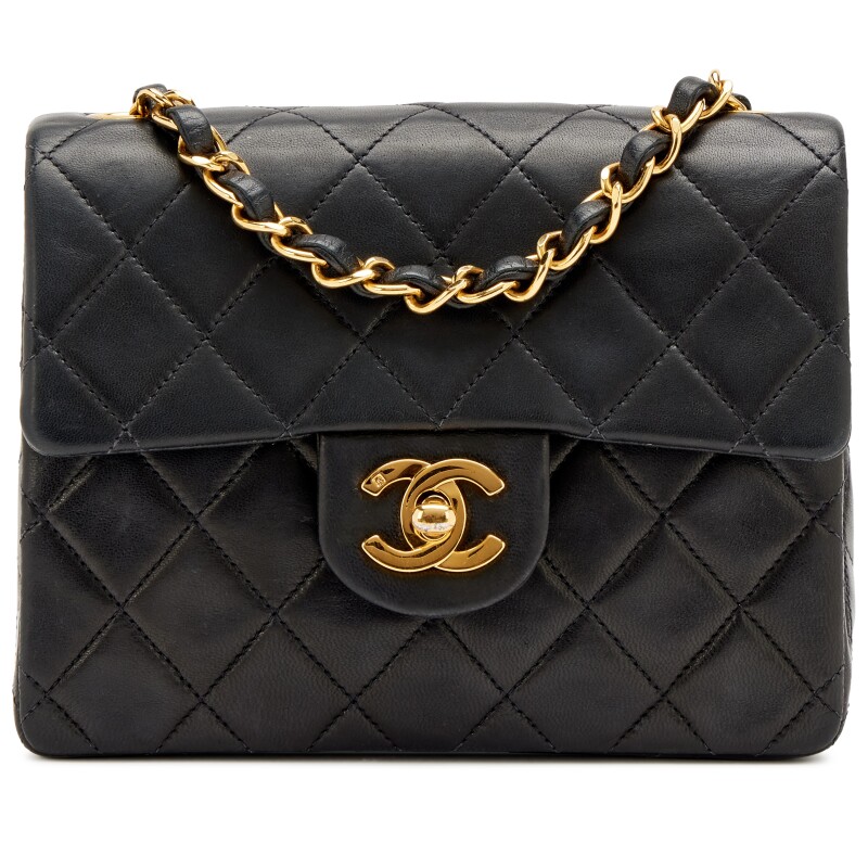 Vintage Black Quilted Lambskin Mini Square Flap Bag Gold Hardware, 1991-1994