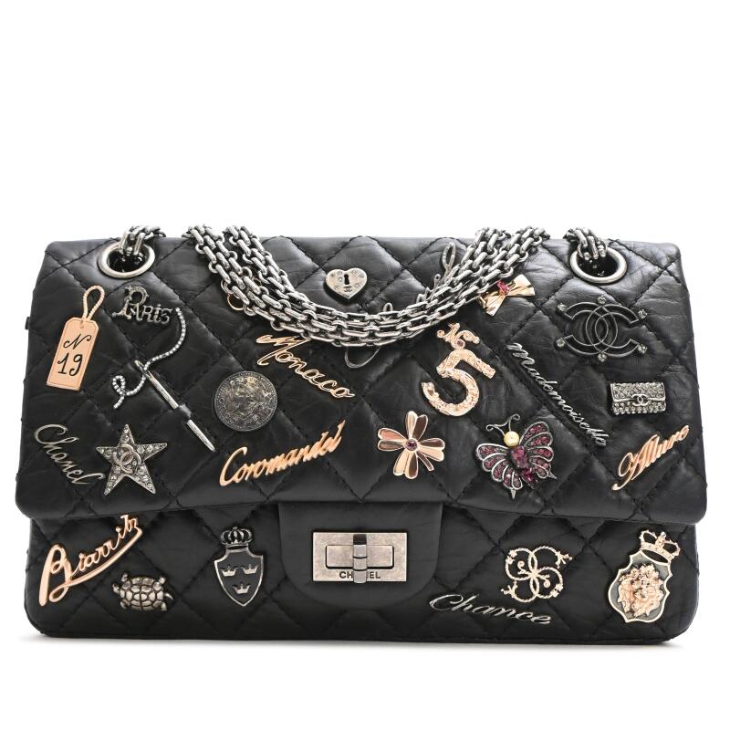 Black Quilted Aged Calfskin Lucky Charms Reissue 2.55 Double Flap Bag Ruthenium Hardware, 2018