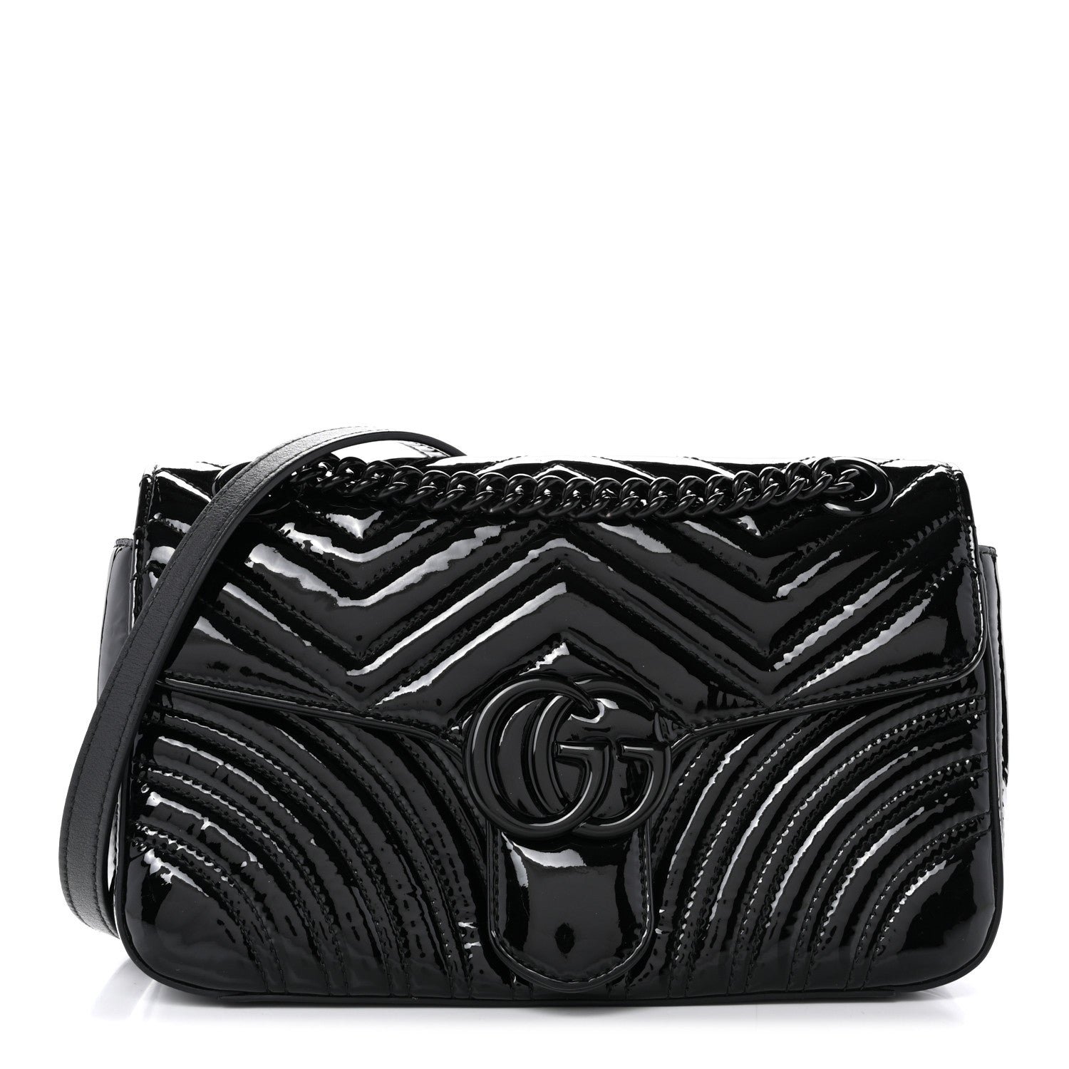 Gucci Patent Calfskin Matelasse Monochrome Small GG Marmont Shoulder Bag Black