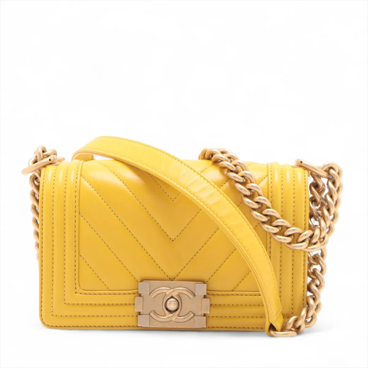 Chanel Boy Chanel 20 Small Lambskin Chain Shoulder Bag Chevron V Stitch Yellow G