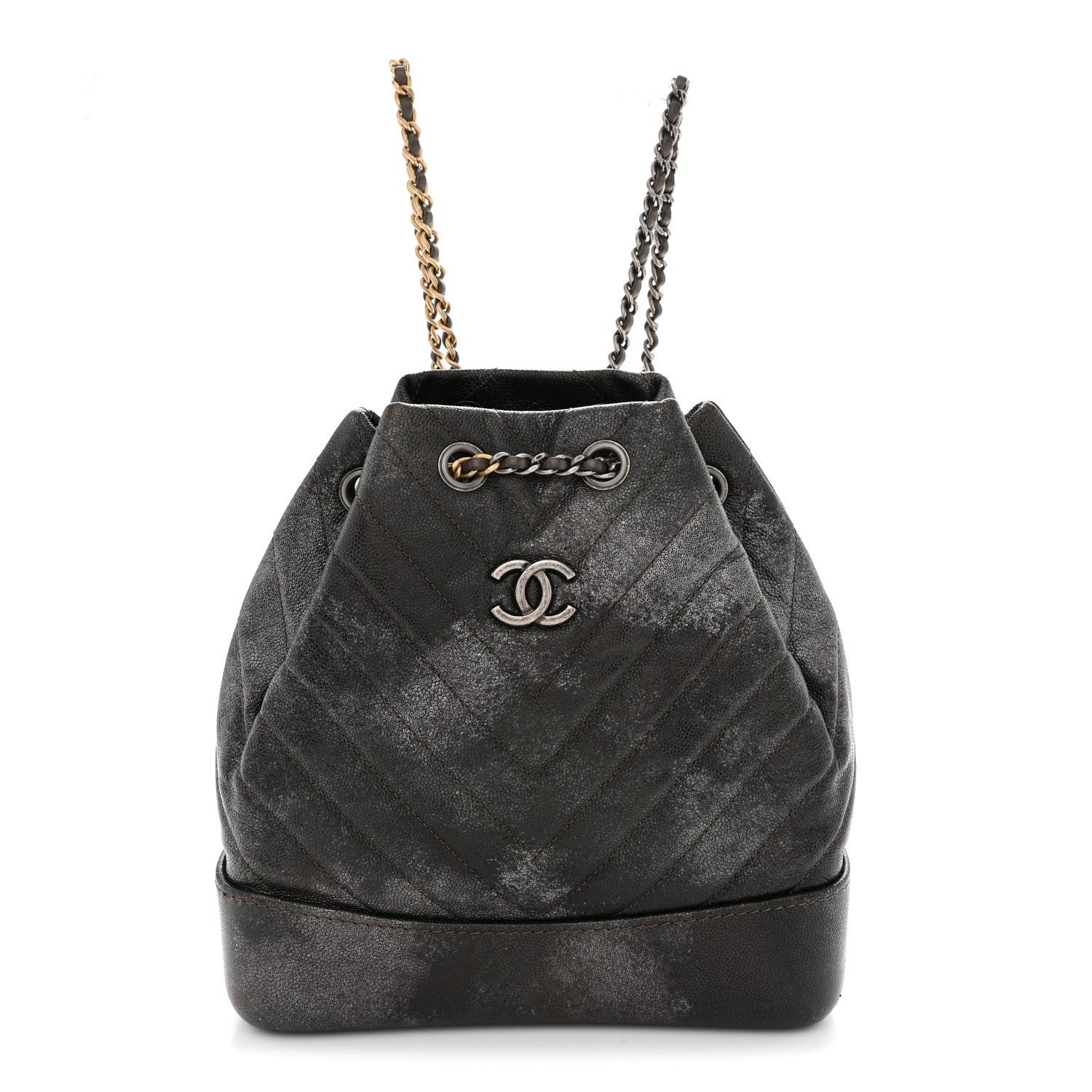 Chanel Metallic Grained Goatskin Chevron Quilted Gabrielle Backpack Dark Silver Gold