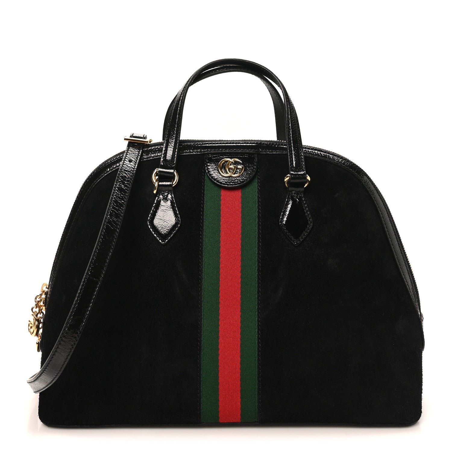 Gucci Suede Patent GG Web Medium Ophidia Top Handle Dome Bag Black