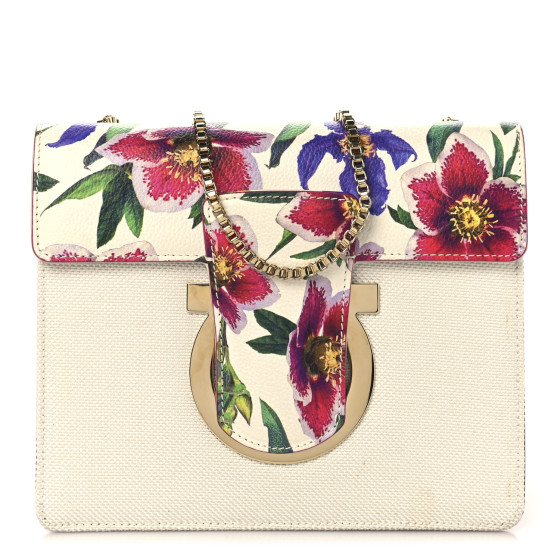 Salvatore Ferragamo Canvas Calfskin Thalia Crossbody Bag White Multicolor
