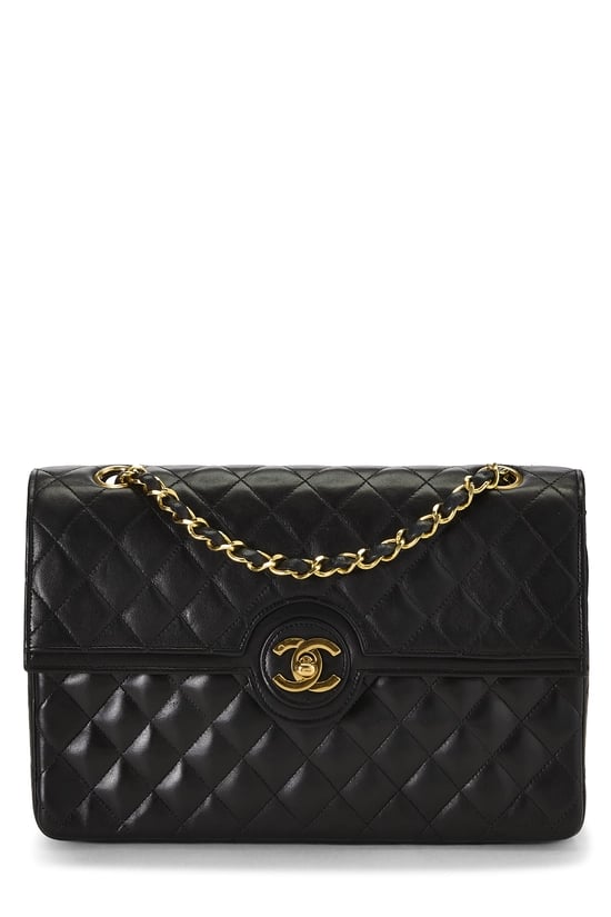 Black Quilted Lambskin Circle Lock Half Flap Small