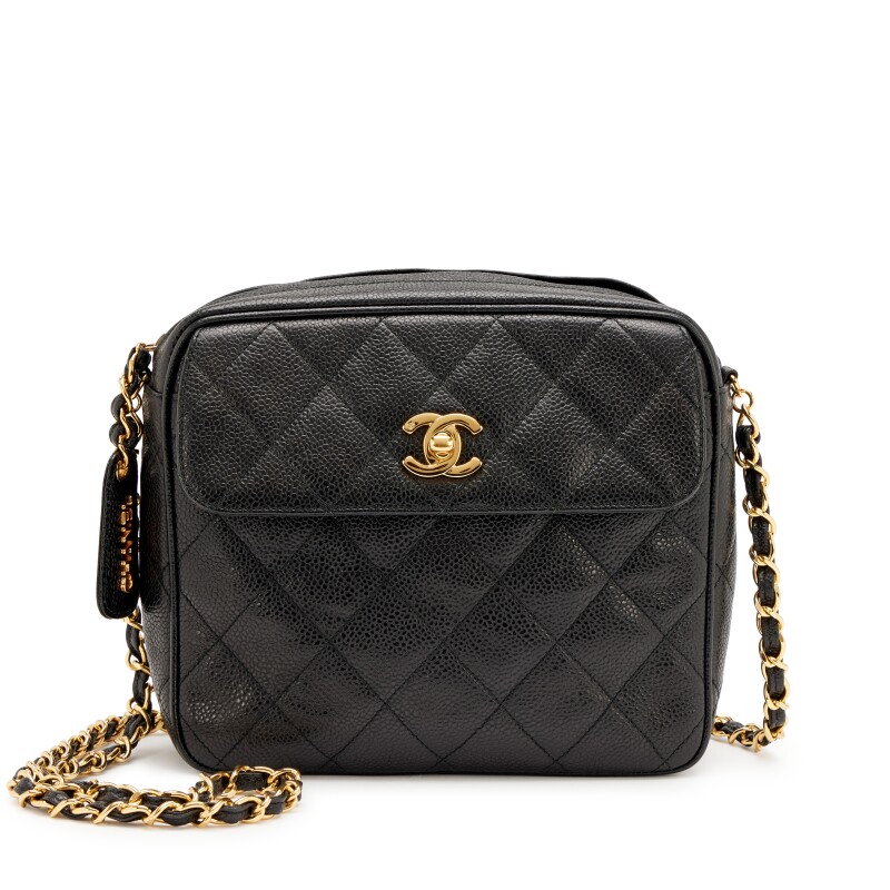 Vintage Black Quilted Caviar Front Flap Pocket Small Camera Bag Gold Hardware, 1994-1996