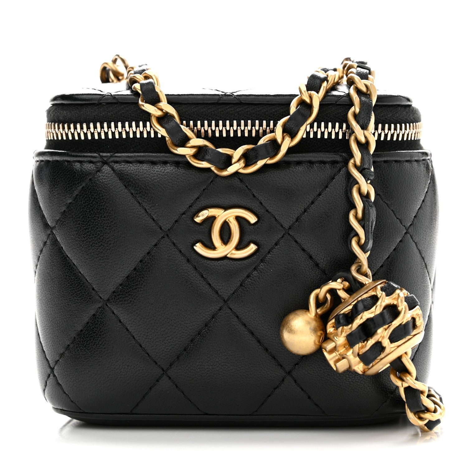 Chanel Lambskin Quilted Mini Pearl Crush Vanity Case With Chain Black
