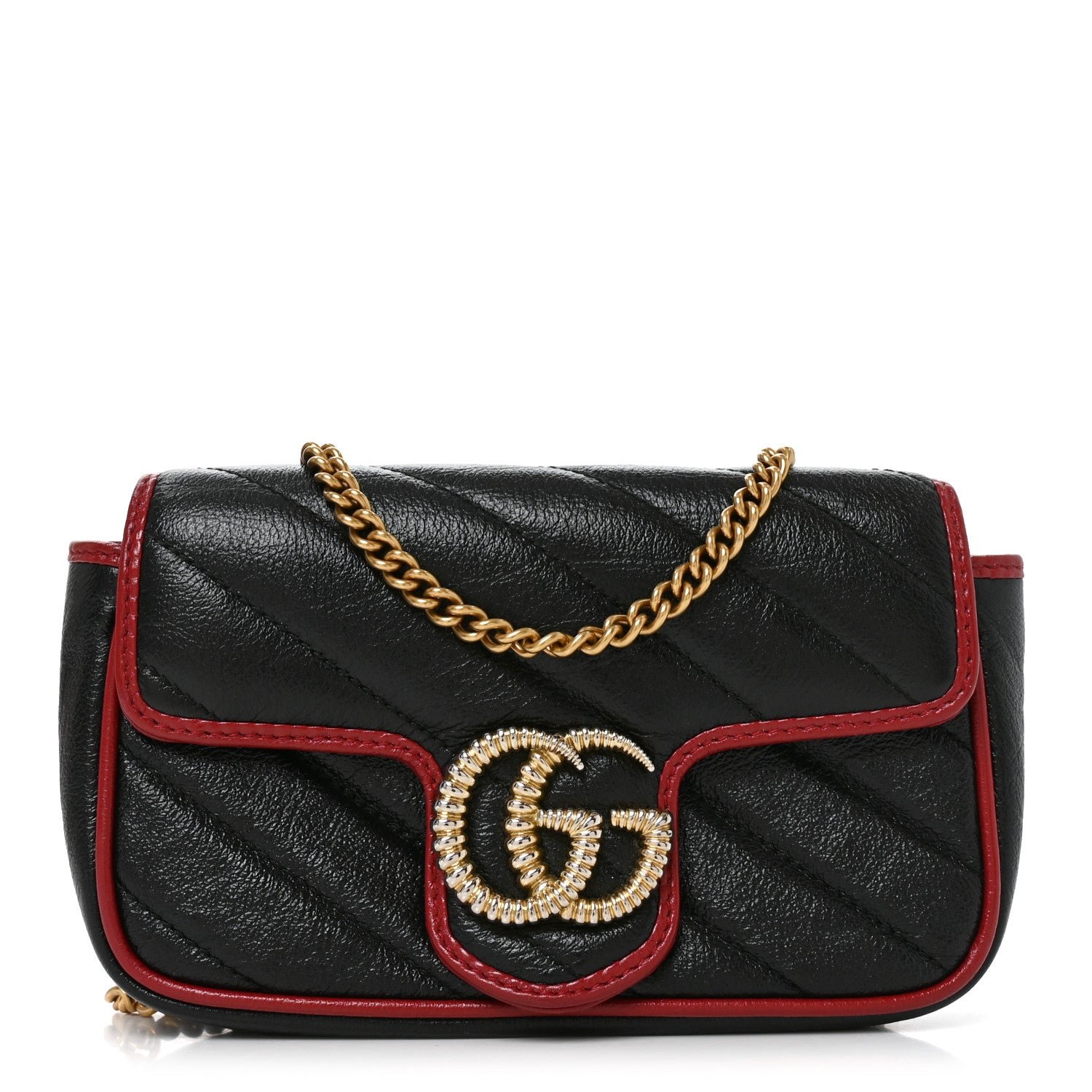 Gucci Vintage Effect Calfskin Matelasse Diagonal Super Mini Torchon GG Marmont Shoulder Bag Black Romantic Cherry