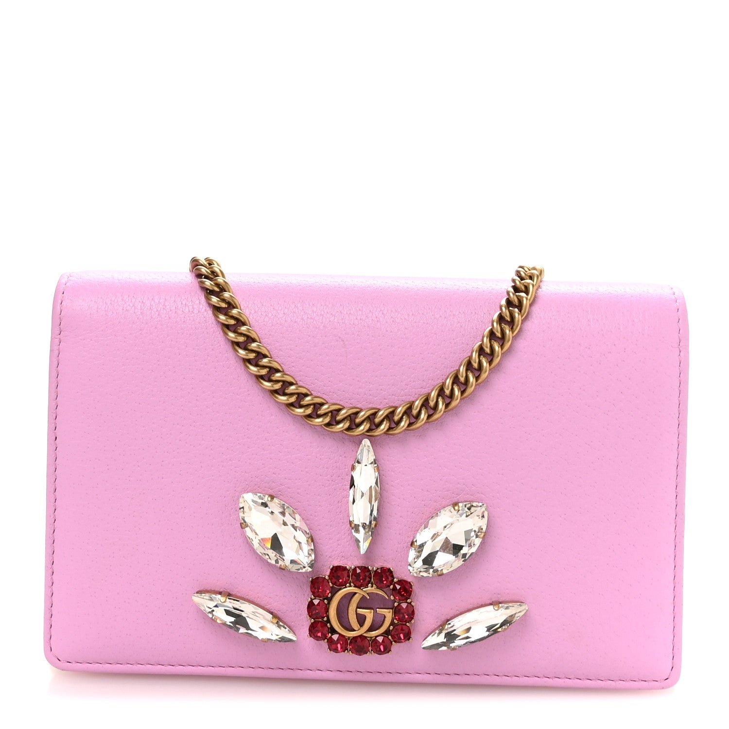 Gucci Calfskin Marquise Crystals Mini GG Chain Wallet Malva