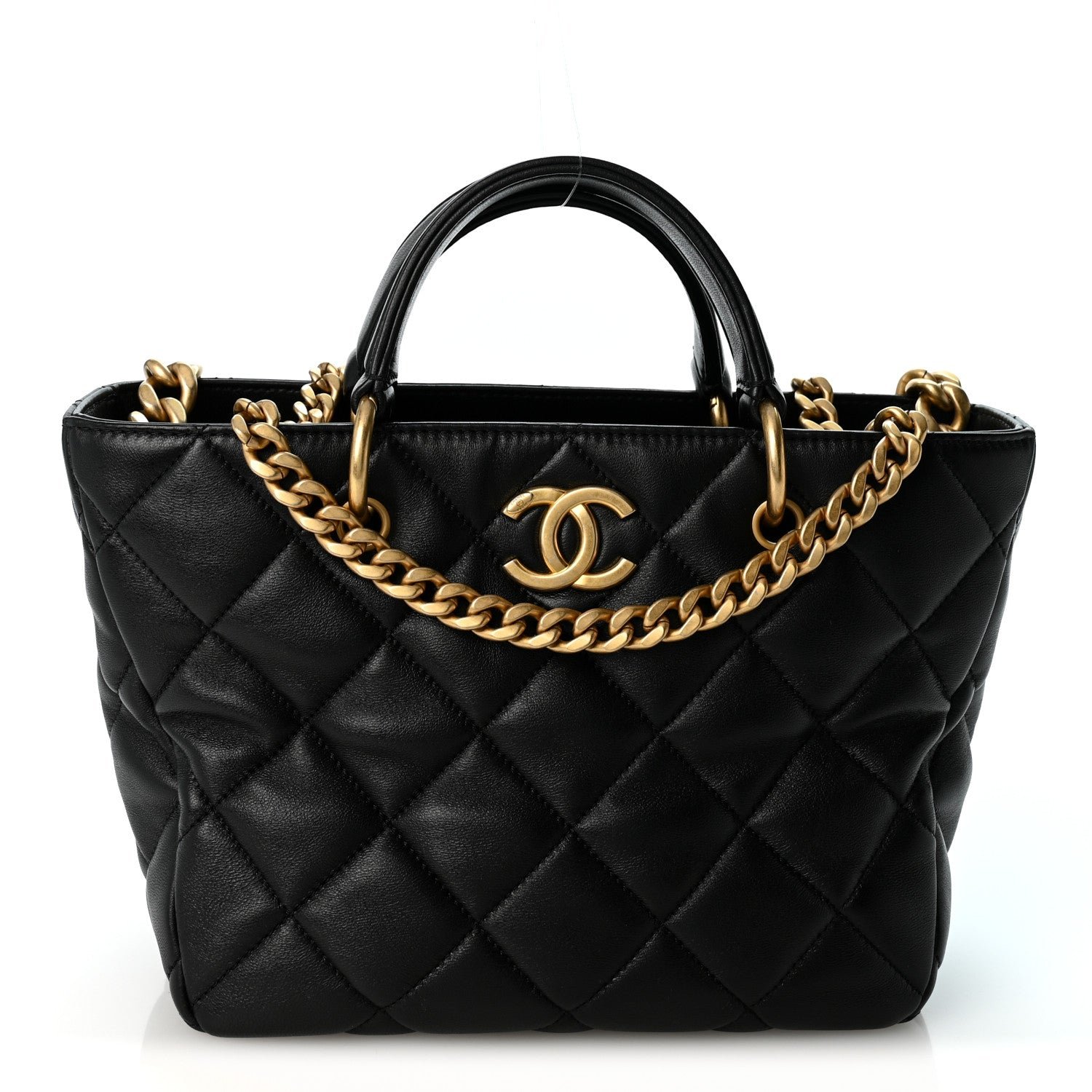 Chanel Lambskin Quilted Small Top Handle Shopping Bag Black