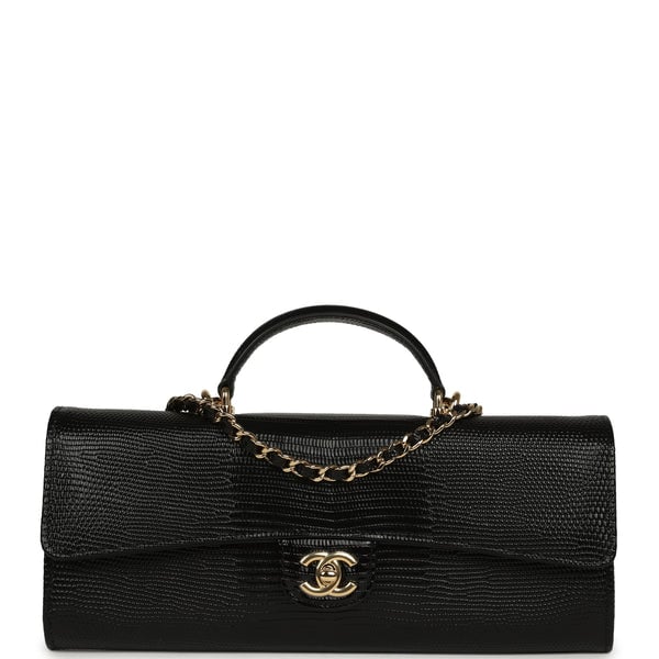 Chanel Long Top Handle Clutch with Chain Black Lizard Embossed Calfskin Gold Hardware