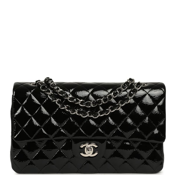 Chanel Medium Classic Double Flap Bag Black Patent Silver Hardware
