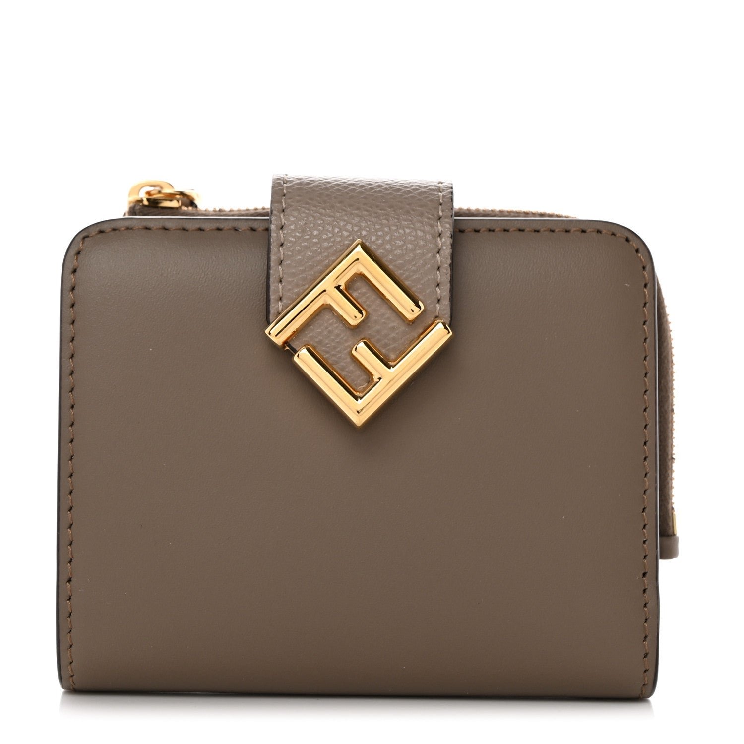 Fendi Vitello King Cruise FF Diamonds Compact Wallet Tartufo Tortora