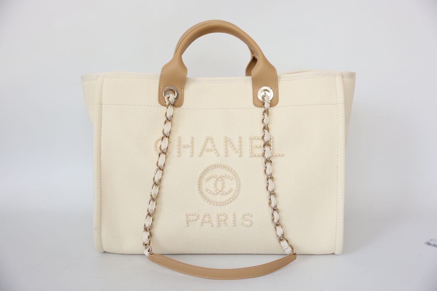 Chanel Deauville  20S Tote Medium Bag, Cream Natural Canvas and Beige Leather with Pearl and Gold Hardware, New in Box WA001