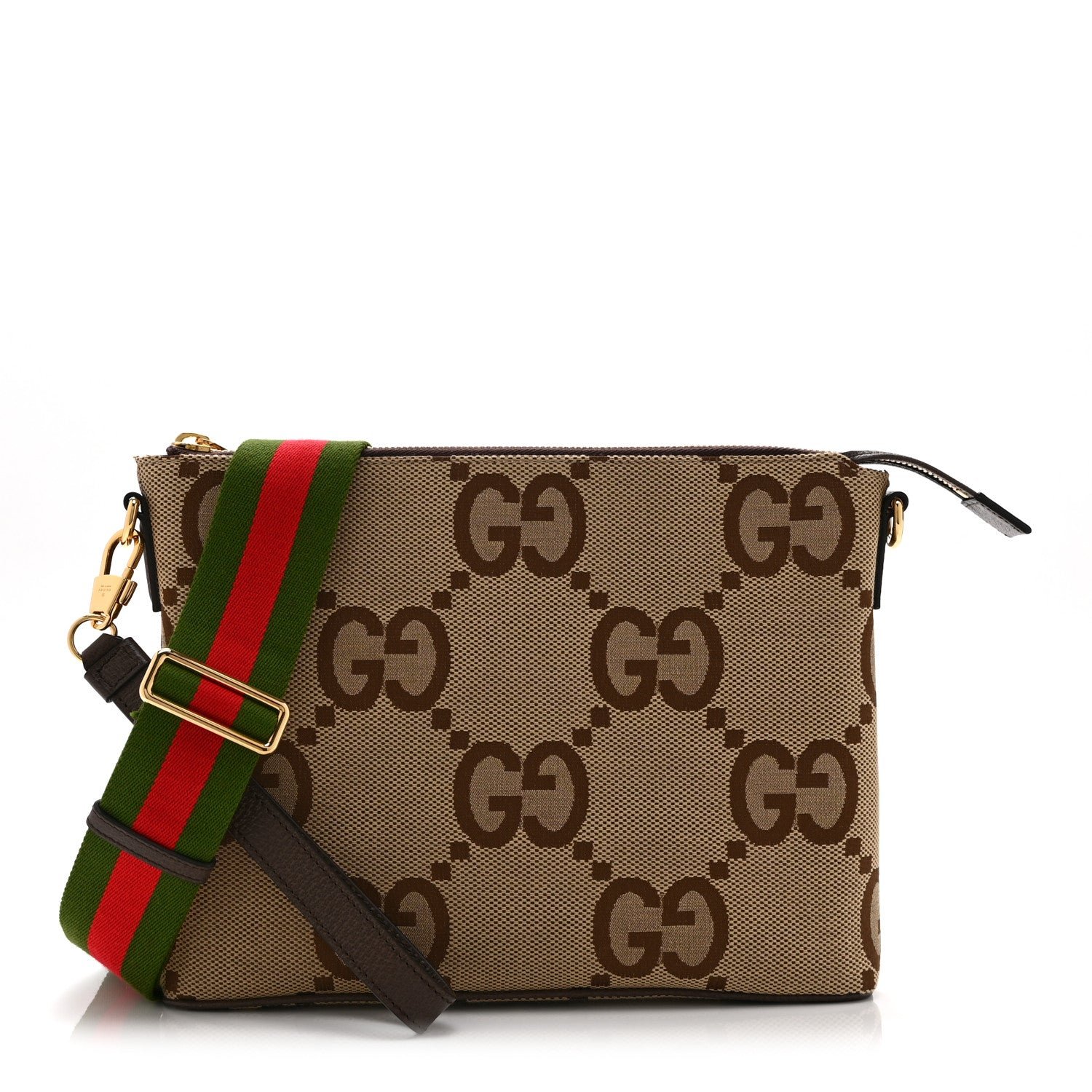 Gucci Monogram Jumbo GG Textured Dollar Calfskin Web Wristlet Messenger Bag Camel Ebony New Acero