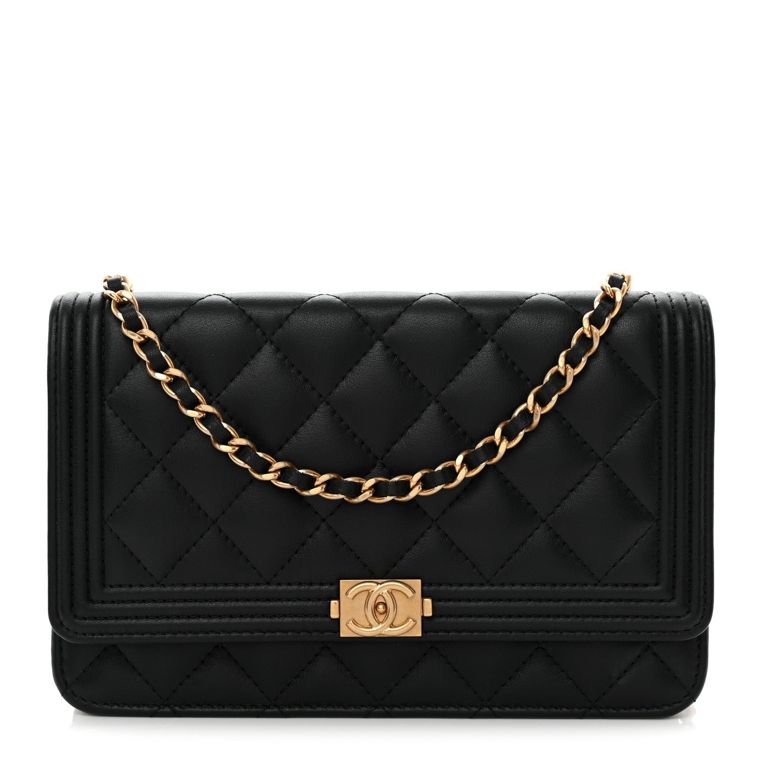 Chanel Lambskin Quilted Boy Wallet On Chain WOC Black