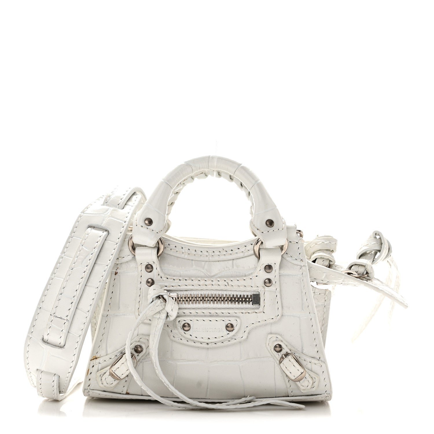 Balenciaga Extra Supple Calfskin Crocodile Embossed Neo Classic Silver Hardware Super Nano City Crossbody  White