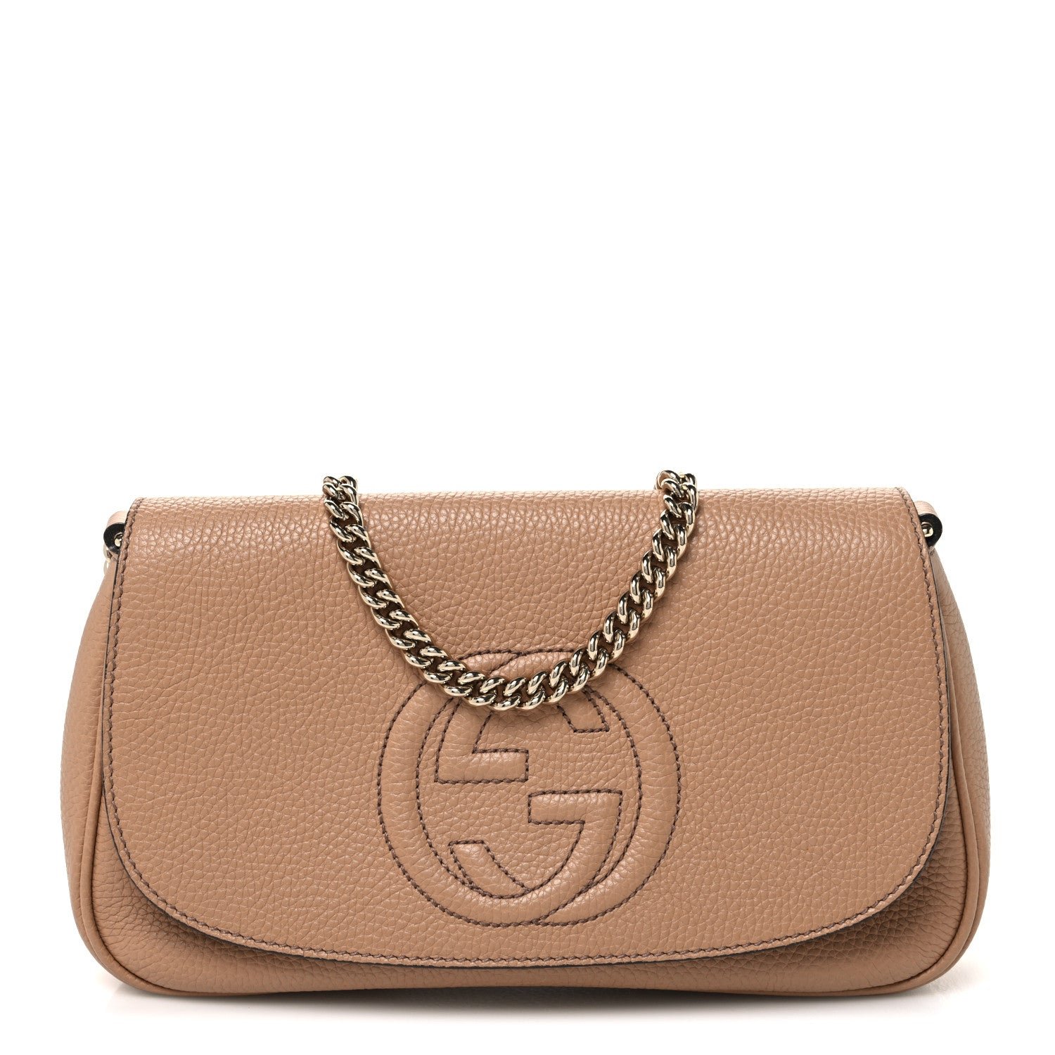 Gucci Pebbled Calfskin Medium Soho Flap Crossbody Camelia