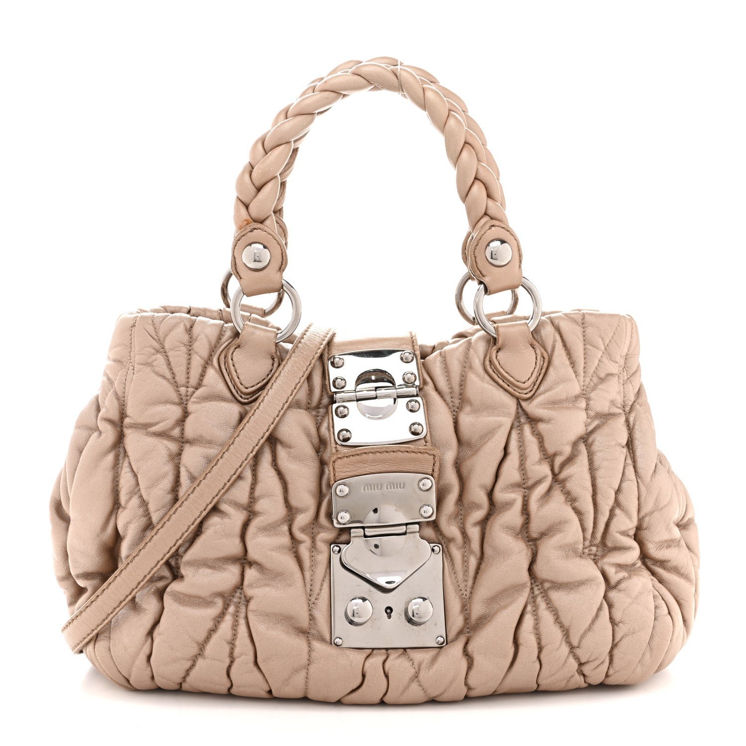 Miu Miu Metallic Nappa Matelasse Top Handle Satchel Cammeo
