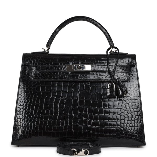 Vintage Hermes Kelly Sellier 32 Black Shiny Porosus Crocodile Palladium Hardware