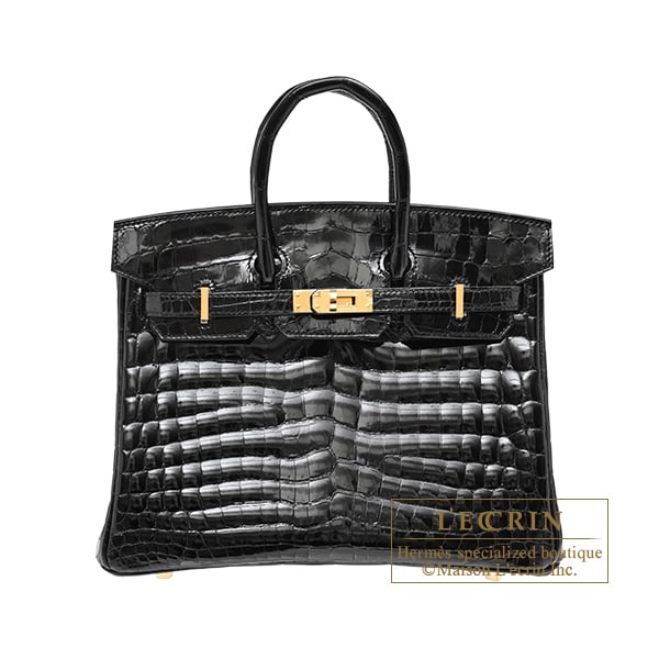 Hermes Birkin bag 25 Black Niloticus crocodile skin Gold hardware